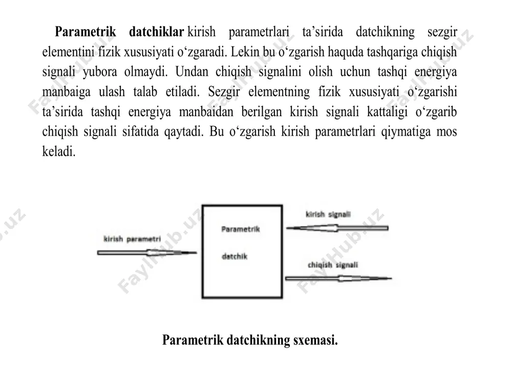 r.s ang.-m.dodeka-xxl”,2006.-272 s.) gazieva r.t., va boshqalar. avtomatikaning texnik vositalari va raqamli avtomatika fanidan laboratoriya mashg'ulotlari bo'yicha uslubiy ko'rsatmama. - toshkent.:timi, 2013. -5 8 b. image1.emf image2.emf image3.emf image4.emf image5.emf image6.emf image7.emf image8.emf image9.emf parametrik datchiklar kirish parametrlari ta’sirida datchikning sezgir elementini fizik xususiyati o‘zgaradi. lekin bu o‘zgarish haquda tashqariga chiqish signali yubora olmaydi. undan chiqish signalini olish uchun tashqi energiya manbaiga ulash talab etiladi. sezgir elementning fizik xususiyati o‘zgarishi ta’sirida tashqi energiya manbaidan berilgan kirish signali kattaligi o‘zgarib chiqish signali sifatida qaytadi. bu o‘zgarish kirish parametrlari qiymatiga mos keladi. parametrik datchikning sxemasi. parametrik datchiklarda chiqish ko‘rsatkichini elektr zanjir kattaliklari (qarshilik, induktivlik, o‘zaro induktivlik, elektr sig‘imi va kabilar) tashkil topadi. bunday turdagi datchiklarda elektr toki va kuchlanishi sifatida chiqish signalini olish uchun ularni maxsus elektr sxemalariga (ko‘prikli, differensialli) ulash hamda allohida energiya manbasiga ega bo‘lishi kerak . parametrik datchiklarga quyidagilar kiradi :  rezistiv datchiklar;  induktiv datchiklar;  transformator …
