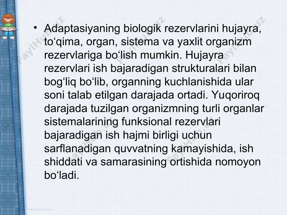 tkazish uslubiyatiga yaqinlashtiriladi. yuklamalar dinamikasi, sport mashqlari uchun xarakterli bo‘lgan darajaga yetadi. qizlar bilan mashg‘ulot o‘tkazilayotganda mushaklar va kichik tos a'zolarini avaylash, ichki qorin bosimi oshishini keltirib chiqaradigan mashqlardan qochish lozim bo‘ladi. bu nafasni tutib turish, kuchanish, og‘ir narsalarni ko‘tarish, chuqurlikka sakrash mashqlariga taalluqlidir. darslar mundarijasi, yuklamalarni me'yorlashtirish va jismoniy tayyorgarlikni baholash jinsga bog‘liq holda tabaqalashtiriladi. bu yoshda o‘quvchilarning fizika, kimyo, biologiya dars¬larida olgan bilimlariga tayangan holda, jismoniy mashqlarni mustaqil ravishda tahlil qilish qobiliyatini rivojlantirish zarur bo‘ladi. harakat malakasi va uning shakllanishi. harakat qilish (chopish, yurish, tana a'zolarining bukilib yozilib ish bajarishi va hokoza) oddiy holat bo’lmasdan, balki uning murakkabligiga qarab, nerv, suyak muskul tizimi tegishli darajada ishtirok qiladigan, hamda ma'lum energiya sarflanib amalga oshiriladigan biomexnik jarayondir. sportchining harakati esa yana murakkabroq, u aniq va maqsadga muvofiq bo’lishi uchun harakatning har bir qismi markaziy nerv tizimi tomonidan toboro mukammallashtirilib boriladi. har qanday harakatni boshqarishda markaziy nerv tizimidan tarqalgan birgina efferent …