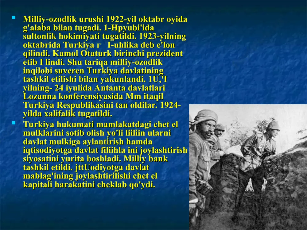 r oxirida eron va sovet davlati o'rtasidagi savdo munosabatlari to'xtab qoldi. ayni paytda germaniya bilan yaqinlashuv kengaya bordi. eron tashqi savdosining 40—45 foizi germaniyaga to'g'ri keldi. eron strategik jihatdan germaniya uchun nihoyatda zarur edi. afg'oniston birinchi jahon urushi oxirida afg'oniston mustaqil davlat hisoblansa-da, amalda buyuk britaniyaga qaram davlat edi. mamlakat liukmdori amir habibullaxon inglizlar tayanchi edi. mamlakatda mavjud ijtimoiy-iqtisodiy va siyosiy tartiblarga qarshi kuchlar ham vujudga keldi. bu kuch «yosh afg'onlar harakati» deb atalgan. ularning maqsadi davlat mustaqilligiga erishish va erkin tadbirkorlik munosabatlarini qaror toptirish uyushtirildi. uning natijasida amir habibullaxon oidirildi. taxtni habibullaxonning o'gii omo-nullaxon egaladi. u yosh afg'onlar harakali bilan mahkam bog'angan edi. 1919-yilning 28-fevralida omonullaxon afg'onistonni mustaqil davlat deb e'lon qildi. sovet rossiyasi o'z janubiy chegaralarida buyuk britaniyaning mustahkamlanib olishini va uning afg'oniston bilan birga turkistondagi milliy-ozodlik kurashi tayanchi bo'lib qolishini istamas edi. shuning uchun ham afg'onistonning davlat mustaqilligini birinchi boiib sovet rossiyasi tan oldi. ayni paytda, afg'onistonga …