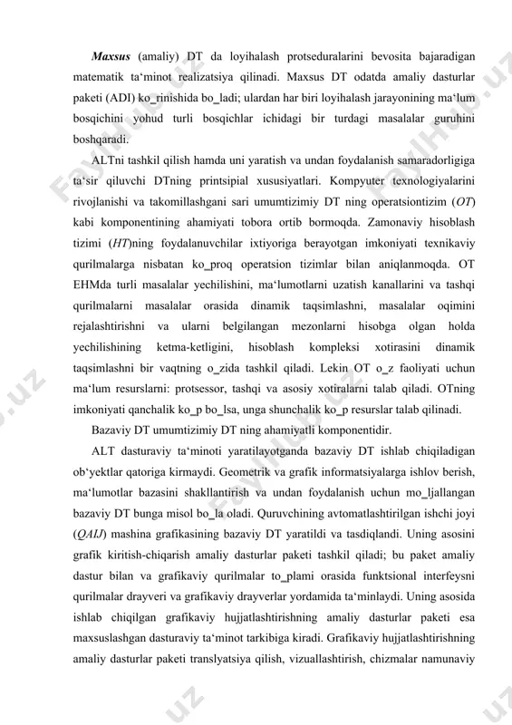 asdiqlandi. uning asosini grafik kiritish-chiqarish amaliy dasturlar paketi tashkil qiladi; bu paket amaliy dastur bilan va grafikaviy qurilmalar to‗plami orasida funktsional interfeysni qurilmalar drayveri va grafikaviy drayverlar yordamida ta‘minlaydi. uning asosida ishlab chiqilgan grafikaviy hujjatlashtirishning amaliy dasturlar paketi esa maxsuslashgan dasturaviy ta‘minot tarkibiga kiradi. grafikaviy hujjatlashtirishning amaliy dasturlar paketi translyatsiya qilish, vizuallashtirish, chizmalar namunaviy elementlari (chne) bayonini saqlash uchun alohida masalalar to‗plami hamda amaliy dasturlar paketi (adp)ni yaratish uchun modullar kutubxonasi, kutubxonadan (chne) bayonlarini tanlab olish va ularning tasvirini olish to‗plamlaridan iborat. standartlashtirilgan loyihalash protseduralarini amalga oshiradigan, tarkibiga shunday bazaviy dt kiritilgan apjlaridan foydalanish alt dasturaviy ta‘minotini yaratish mehnatini sezilarli darajada yengillatadi. lekin hamma hollarda ham altni yaratuvchilar amaliy dtni ishlab chiqishlari lozim bo‗ladi. hisoblash texnikasi qo‗llaniladigan soha kengayib borishi va loyihalash jarayonlarini avtomatlashtirish masalalari murakkablashib borishi bilan dasturlashning murakkabligi mehnati ortib boradi. loyihalovchilar loyihalash jarayonida loyihaviy yechimlarni bevosita ishlab chiqish uchun foydalanishadigan ma‘lumotlar alt informatsion ta‘minoti (it) asosini tashkil …