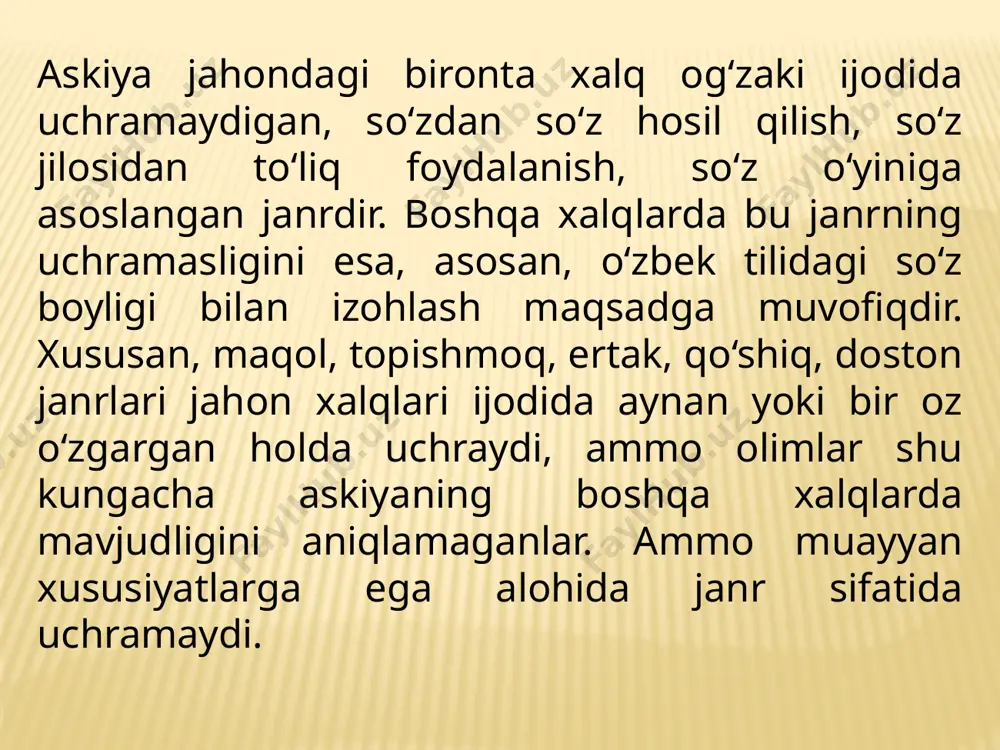 , qori aka! ko‘r otga(kurortga) keldingiz!–deydi. erka qori yostiqdan boshini ko‘tarar ekan, shoshib-pishibkupe derazasidan tashqariga qaragan bo‘ldi-da, darhol yuzini mamayunus aka tomon burib: -hovliqmay qoling, mamayunus! sho‘rtepa-ku!–dedi. loflarning janr xususiyati. o‘zbeklar dunyodagi boshqa xalqlar kabi hazilni, taqlidni, kulgini yaxshi ko‘radilar. kulgi insonga sog‘lik, yaxshi kayfiyat, o‘z-o‘zidan qoniqish tuyg‘usini bag‘ishlaydi. xalqimizning dono farzandlari yusufjon qiziq, aka buxor, g‘anijon toshmatov kabilar mashaqqatli kechgan paytlarda ham yurtimiz ahliga tetiklik, umid, ishonch ulashganlar. bunday natijaga erishish o‘z vaqti uchun juda og‘ir kechgan. latifalar, loflar, askiya, xalq dramasi asarlari, muqallidchilikdan unumli foydalanish zukko va iqtidorli insonlarni xaqiqiy ma’noda xalq sevgisini qozonish sharafiga muyassar qildi. inson qalbidagi tashvishni, tanasidagi xastalik xurujini chetroqqa surishda kulgili latifalar juda samarali vosita hisoblangan. “latifa” atamasi arabcha “lutf” (ﻟﻄﻑ) so‘zidan olingan bo‘lib, nozik fikrlash, yaxshilik qilmoq, muruvvat ko‘rsatmoq, sharaflamoq ma’nolarini anglatadi. адабиётлар: муҳаммадиевр. аския. – т., 1962. аскияда ижрочилик маҳоратини ошириш йўллари (методик тавсиянома). тузувчилар: жўраевм, собитоват. - т, 1985. саиданвар. …