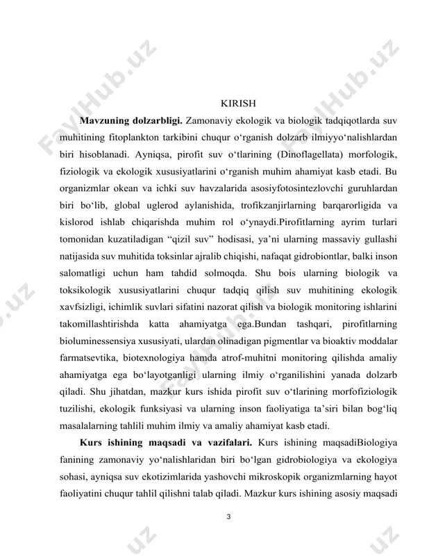 asnifi asosida o‘rganiladimorfologik va fiziologik xususiyatlarini tahlil qilish: pirofitlarning hujayraviy tuzilishi, flagellalarning harakati, xloroplastlar tarkibi, yadro tizimi va energiya almashinuvi kabi jarayonlari tahlil etiladi. 0. pirofitlarning ekologik tizimlardagi o‘rnini baholash. ularning fitoplankton tarkibidagi ulushi, biokimyoviy sikllardagi (uglerod va kislorod aylanishi) ishtiroki va boshqa suv o‘simliklari bilan o‘zaro aloqalari yoritiladi. massaviy gullash (qizil suv) hodisasi va uning oqibatlarini o‘rganish: bu jarayon qanday omillar ta’sirida yuzaga kelishi, u bilan bog‘liq biologik xavflar, gidrobiontlar va inson salomatligiga salbiy ta’sirlari haqida ilmiy izohlar beriladi. 0. toksik turlarining biologik va toksikologik ahamiyatini o‘rganish: ayrim pirofitlarning neftsimon va kislotali toksinlar ishlab chiqarish xususiyatlari, ularning baliqlarda va boshqa hayvonlarda zaharlanish holatlarini keltirib chiqarish mexanizmlari o‘rganiladi. pirofitlarning biotexnologik imkoniyatlarini aniqlash: ularning pigmentlari (peridinin va boshqalar), yorug‘lik chiqarish (bioluminessensiya) qobiliyati, farmatsevtik moddalari va ekologik indikator sifatidagi ahamiyati tahlil qilinadi. kurs ishining obyekti: kurs ishining obyektini — suv muhitida yashovchi pirofit suv o‘tlarining vakillari, ya’ni dinoflagellata turkumiga mansub mikroskopik plankton …
