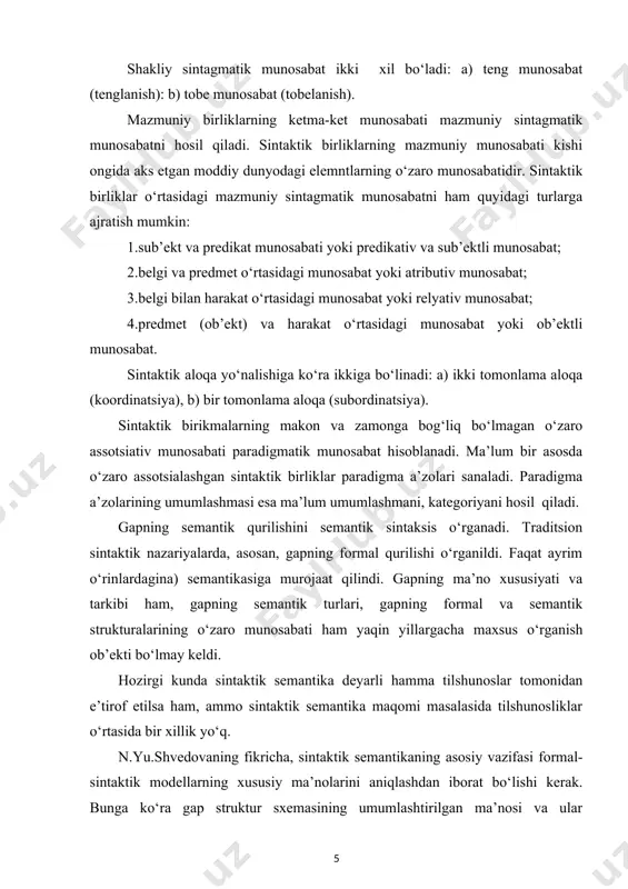 .moskalskaya ishlarida namoyon bo‘ldi. sintaktik semantika bo‘yicha ye.v.paduchevaning ham izlanishlari o‘ziga xosdir. uning fikricha, gap ma’nosi leksema ma’nolaridan, so‘z shakllarining grammatik ma’nolaridan va sintaktik qurilmalarning ma’nolaridan tashkil topadi. shuning uchun ham sintaktik semantika tavsifi leksik va morfologik semantikani bir butun gap semantikasini tavsiflashga komponent bo‘lishi kerak.[footnoteref:1] [1: .nurmonov a., mahmudov n. va boshq. ko’rsatilhan kitob. 29-bet. ] gapning denotativ konsepsiyasi v.g.gak asarlarida izchillik bilan rivojlantiriladi. u gapni to‘liq til belgisi hisoblab, gap referenti situatsiyadir, ya’ni “gapirish” momentida ob’ektiv borliqdagi so‘zlovchi ongida mavjud bo‘lgan va gapning o‘zini shakllantirish jarayonida til birliklarini tanlashga ma’lum darajada sharoit yaratuvchi elementlar yig‘indisidir, deydi. simvolik mantiq klassik mantiqdan farqli ravishda, o‘zining tushunchalarini inson ongida aks etishini chetlab o‘tgan holda bevosita ob’ektiv reallik kategoriyalari bilan munosabatini belgilashga intiladi. propozitsiya tushunchaisning bu umumiy tendensiyasi natijasida keyinchalik u tafakkurdan ob’ektiv reallikka, sub’ektiv omildan ob’ektiv omilga «berildi».natijada u tafakkur shakliga emas, balki uning mazmuniga, u orqali ifodalanadigan ob’ektiv reallikka nisbatan …