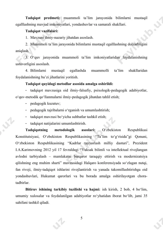 savol berish yo‘li bilan boshqaradi va shu orqali auditoriyadagi o‘rganilayotgan materiallar bo‘yicha ziddiyatlarga diqqatni jalb qiladi va talabalarni o‘ylab fikr yuritishga majbur qiladi. o‘qituvchi tushunilmagan savolni hal qilishidan oldinoq talabalar o‘zlaricha o‘z javoblarini tayyorlab qo‘yadilar va uni ma’lum muddat o‘tgach o‘qituvchining fikri va xulosasi bilan taqqoslaydilar. materialni muammoli bayon qilish axborotni bayon qilishdan tubdan farq qiladi. chunki unda u yoki bu hodisaning belgilari, xossalari, tushunchalari, qoidalari shunchaki tasvirlab beriladi, tayyor xulosalar bayon qilinadi. o‘quv axborotlarining muammoli bayoni metodidan foydalanishning boshqa varianti, fan taraqqiyoti tarixidagi u yoki bu qonunning olimlar tomonidan kashf yetilishi yo‘lini yoritib berish bo‘lishi ham mumkin. o‘quv jarayonida keng tarqalgan metodlardan biri – shartli ravishda o‘quv axborotlarining bayonini muammoli boshlash deb nomlanadigan metoddir. materialni muammoli bayon qilish metodidan bu metod muammoli vaziyat faqat materialni bayon qilish boshidagina yaratilishi bilangina farqlanadi. keyinchalik material axborot usulida bayon qilinadi. albatta, bu metod yuqorida talabaning ijodiy izlanish faoliyati, ayniqsa, ijodiy metodida ko‘ringan …
