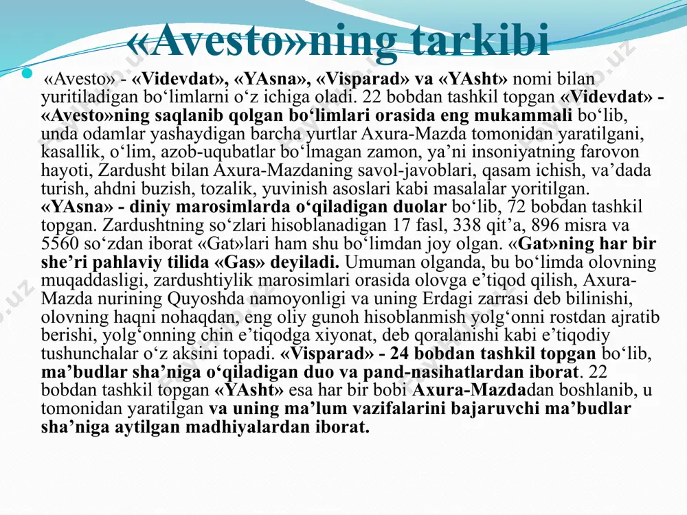 so‘zning sobitligi, amallarning insoniyligi. zardushtiylik bir yilda har biri besh kundan davom etadigan oltita bayramni belgilaydi. bu bayramlar orasida goxanvar – har biri o‘ttiz kundan iborat bo‘lgan 12 oydan keyingi besh kunlik bayrami asosiy o‘rinni egallaydi. yilning 360 kunidan qolgan kunlari xursandchilik, diniy marosimlar bilan o‘tkaziladi. shunday qilib yangi yilning – navro‘zning yaxshi kirib kelishiga umid bildiriladi. ibodat va ma’budlar zardushtiylikda bir kecha-kunduz besh qismga bo‘linadi: ratu (belgilangan ilohiy tartib), xavani (sahardan tushgacha), rapitvina (tushdan soat 3-4 gacha), uzayyarina (oqshomgacha), avistrutrima (yarim tungacha), ushaxina (tun yarmidan sahargacha). sutkaning bu nomlari ham xudoga o‘xshatilib, har biriga ibodat qilinadi – bir kunda besh marta namoz o‘qiladi. ko‘pchilik dinshunoslar zardushtiylikni dualizmga oid deb hisoblasalar-da, lekin unda axura-mazdadan keyingi darajalarda turuvchi o‘ziga xos xudolar panteoni mavjud ekanini ta’kidlash lozim. ularning eng buyuklari amesha spenta (abadiy muqaddas) – axura mazda yaratgan 7 maxluqdan biri. boshqa fikrga ko‘ra, amesha spenta – axura mazdaning timsoli, yazatlar - …