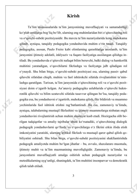 ki talabaning fikrini tinglovchi va muhokama qilishga undovchi sifatida faol ishtirok etadi. bu jarayon talabalarga o‘z fikrini erkin ifoda qilish, muammolarni aniqlash va ularni hal qilishda faol qatnashish imkonini beradi. shuningdek, o‘qituvchi talaba-subektni mustaqil fikrlashga undab, ularni jamiyatdagi ijtimoiy muammolarni tahlil qilish va muhim qarorlar qabul qilishda ishtirok etishga tayyorlaydi. kritikal pedagogikada o‘qituvchining asosiy vazifalaridan biri – talaba-subektning kritiklikna va muammo yechishga qaratilgan fikrlashini rivojlantirishdir. bu, avvalo, muammoli vaziyatlar yaratish, talabalarning fikrlarini so‘rash, ularni muhokama qilish uchun muhit yaratish va ularning fikrlarini hurmat qilish orqali amalga oshiriladi. o‘qituvchi talaba fikrini qabul qilgan holda, uni kengaytiradi va muhim ijtimoiy muammolar bilan bog‘liq tahlil qilishga undaydi. bu jarayon talabalarning shaxsiy va ijtimoiy ongini rivojlantiradi, ularni jamiyatda faol va mas'uliyatli fuqarolar sifatida tarbiyalashga yordam beradi. shuningdek, kritikal pedagogikada o‘qituvchining roli madaniyat va kontekstga mos ravishda o‘zgarishi mumkin. bu pedagogika yondashuvi har xil madaniy va ijtimoiy o‘rta hududlarda turlicha talqin qilinishi mumkin, shuning uchun …