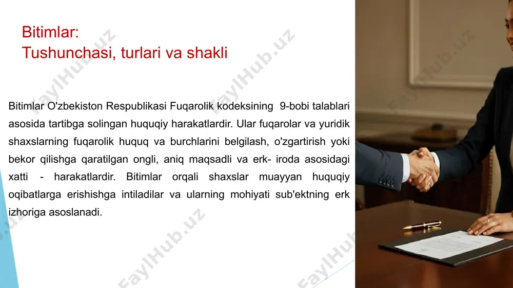 y huquqlar mulk huquqini, muayyan ashyodan foydalanish huquqini qo'lga kiritish kabi maqsadlar ko'zlanadi. ma'naviy - maishiy kelishuvlar huquqiy maqsadni ko'zda tutmaydigan ma'naviy- maishiy kelishuvlar bitim bo'la olmaydi. bitimning qonuniy hatti - harakat sifatidagi tabiati qonuniylik talabi faqat qonun talablariga muvofiq ravishda amalga oshirilgan qonuniy hatti - harakatlar bitim deb hisoblanishi mumkin. huquqiy oqibatlar bitimning qonuniyligi uning bitimni tuzayotgan shaxslar vujudga kelishini xohlagan hamda mazkur bitim uchun qonunda belgilab qo'yilgan huquqiy oqibatlarni yuzaga keltiruvchi yuridik fakt sifatiga ega ekanligini anglatadi. noqonuniy harakatlar o'g'irlangan mol - mulkning sotilishi, qarz olish yoki boshqa shaklda amalga oshirilgan o'zgalarning mol - mulkini firibgarlik yo'li bilan egallab olinishi huquqiy natijani yuzaga keltirmaydi. bitimlarning asosiy turlari 1 bir taraflama bitimlar bitim tuzish uchun qonunchilikka yoki taraflarning kelishuviga muvofiq bir tarafning xohishi zarur va yetarli bo'lgan bitimlar. 2 ikki taraflama bitimlar shartnoma tuzish uchun ikki taraf kelishib xohish bildirgan bitimlar. 3 ko'p taraflama bitimlar uch yoki undan ko'p …