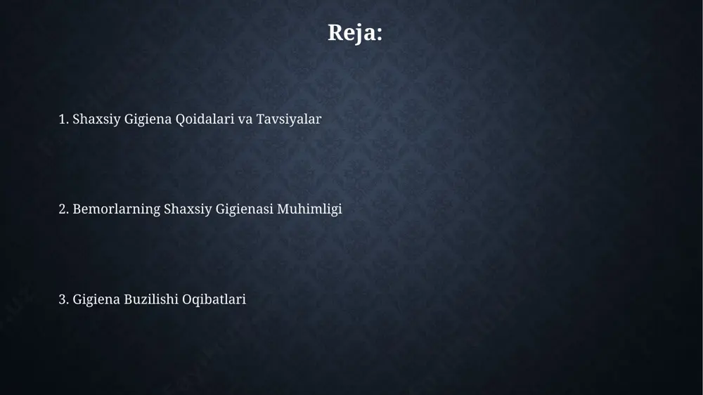 arni almashtirish kabi oddiy gigiena qoidalari, bemorning umumiy farovonligini yaxshilaydi va og'riqni kamaytiradi. yaxshi shaxsiy gigiena, masalan, qo'llarni muntazam yuvish, infektsiyalarni oldini olishda muhim rol o'ynaydi va bemorning shifo topish jarayonini 20-30% tezlashtirishi mumkin. soch gigienasi оғиз бўшлиғи гигиенасига етарли эътибор бермаслик 20 дан ортиқ турдаги кариес ва бошқа оғиз бўшлиғи касалликлари ривожланишига сабаб бўлади, бу эса тишларнинг йўқолишига олиб келади. шахсий гигиенага риоя қилмаслик тери касалликлари, масалан, дерматит ёки 10 дан ортиқ турдаги замбуруғ касалликлари ривожланиш хавфини 30% га оширади. kiyim-kechak gigienasi kiyim-kechak gigienasining muhim tarkibiy qismlaridan biri – ichki kiyimlarning muntazam ravishda, kamida haftada 2 marta, 60°c haroratda yuvishdir, bu zararli mikroorganizmlarni yo'q qilishga yordam beradi. kiyim-kechak gigienasida kuniga kamida 2 marta, ayniqsa terlashdan keyin, toza kiyimlarni kiyish tavsiya etiladi, chunki bu bakteriyalar ko'payishining oldini oladi va terining nafas olishiga yordam beradi. og'iz bo'shlig'i gigienasi tish iplarini muntazam qo'llash, kuniga kamida bir marta, tish cho'tkasi etib bora olmaydigan …