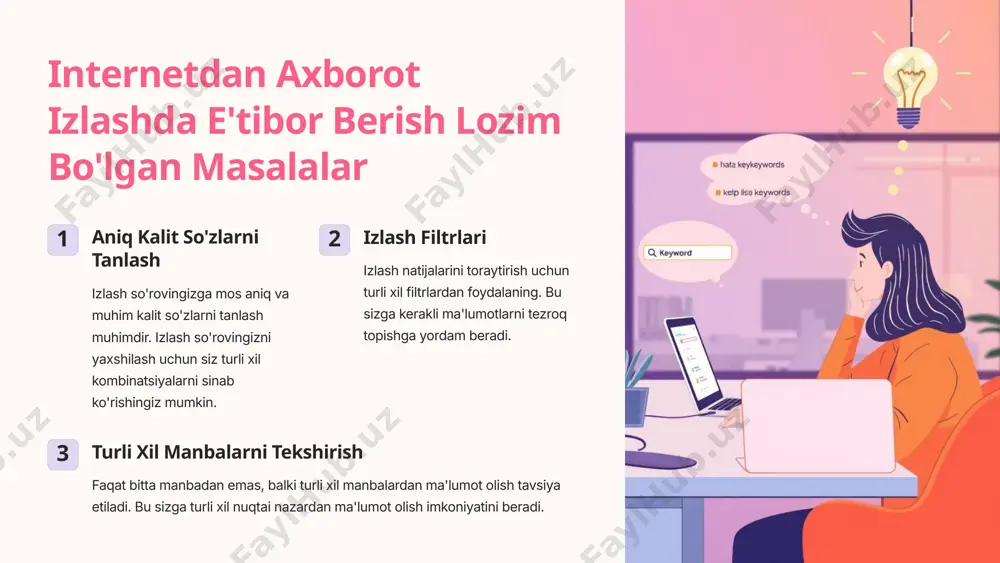 dalanuvchilar tomonidan yaratilgan ахborotlarning xavfsizligi shaxsiy ma'lumotlarni himoya qilish shaxsiy ma'lumotlarni himoya qilish uchun kuchli parol va ikki omilli autentifikatsiyani ishlatish tavsiya etiladi. firibgarliklardan ehtiyot bo'lish noma'lum yoki shubhali manbalardan kelgan ma'lumotlarga ishonishdan oldin ehtiyot bo'lish kerak. viruslardan himoya qilish kompyuteringizni viruslardan himoya qilish uchun antivirus dasturi va yangilangan dasturiy ta'minotni ishlatish muhim. 5 raqamli manbalardan olingan ma'lumotlarning sifatini nazorat qilish 1 ma'lumotning to'g'riligi turli xil manbalardan ma'lumotlarni tekshirish va ularning uyg'unligini taqqoslash kerak. 2 ma'lumotning to'liqligi ma'lumotning to'liqligi va aniqligi muhim. sizga kerakli barcha ma'lumotlarni olishingiz kerak. 3 ma'lumotning tegishliligi ma'lumotning zamonaviyligi va maqsadingizga mosligi to'g'risida o'ylab ko'ring. 6 internetdagi eng ishonchli ахborot manbalariga kirish rasmiy davlat saytlari davlat tashkilotlarining veb-saytlari, hukumat qarorlari va boshqa rasmiy hujjatlarni o'z ichiga oladi. nufuzli xalqaro tashkilotlar dunyo bo'ylab obro'li tashkilotlar, masalan, bmt, jahon sog'liqni saqlash tashkiloti va boshqalar. ilmiy jurnallar va ma'lumot bazalari ilmiy maqolalar, tadqiqotlar va boshqa ilmiy ma'lumotlarni o'z ichiga …