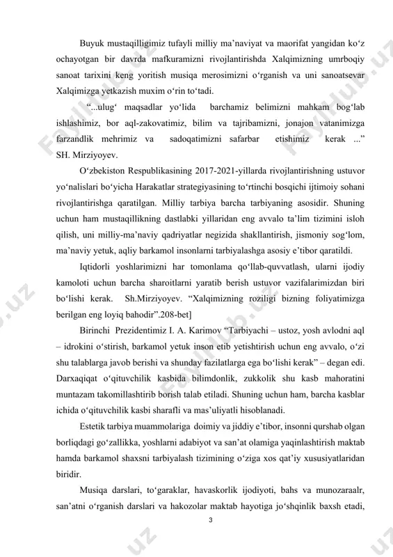 ini shakllantirirish katta rol oʻynaydi. musiqadagi goʻzallikni faol idrok etish tafakkur faoliyatini talab qiladi. musiqa ijodida va idrokida intelektual asosni qaror toptirishdan hech qachon vos kechmaslik kerak. musiqani tinglar ekanmiz, u yoki bu holatlarni his etib boshdan kechiribgina qolmasdan balki idrok qilmayotgan materialni farqlaymiz, binobarin, fikr yuritamiz. estetik idrokni, estetik didlarni tarbiyalash, badiiy qobiliyatlarni rivojlantirish doimo aqliy va axloqiy tarbiya bilan oʻzaro ta’sirda boʻladi. hozirgi zamon maktabida musiqaviy tarbiya tizimi koʻpgina elementlardan tashkil topadi, bular: musiqa darsi, musiqadan sinfdan va maktabdan tashqari ish olib borish, xor studiyalari va badiiy havaskorlik toʻgaraklari, vokal va cholgʻu ansambllari va hokazo. bu zanjirda ommaviy axborot vositalari juda katta rol oʻynaydi. tarbiyalovchi va rivojlantiruvchi vositalarning jami musiqaviy – estetik muhitni tashkil etadiki, bu muhitda oʻquvchilarning musiqa sohasidagi qiziqish va ehtiyojlari bunyod boʻladi. mamlakatimiz prezidenti shavkat mirziyoyev, mamlakatimizni 2016-yilda ijtimoiy-iqtisodiy rivojlantirishning asosiy yakunlari va 2017-yilga moʻljallangan iqtisodiy dasturning eng muhim ustuvor yoʻnalishlariga bagʻishlangan vazirlar mahkamasining kengaytirilgan …