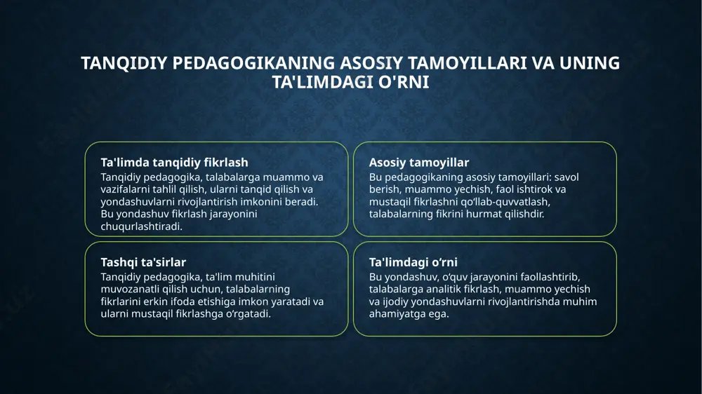 lash va kreativlik, muammolarni hal qilishda hamkorlikda ishlaydi, ular ta'limda innovatsion yondashuvlarni shakllantirishga asos bo'ladi. 3 integratsiya jarayoni bu ikki yondashuvni birlashtirish orqali ta'lim muhitini yanada faol va dinamik qilish, talabalarni mustaqil fikrlashga tayyorlash mumkin. 4 amaliy misollar o'zbekiston ta'limida tanqidiy va kreativ metodlarni integratsiya qilish, loyiha ishlari va interaktiv darslar orqali amalga oshirilmoqda, bu esa natijalarni oshirmoqda. o'zbekiston ta'lim tizimida tanqidiy pedagogikaning o'rni va amalga oshirilishi 01 ta'lim tizimida joyi o'zbekiston ta'lim tizimida tanqidiy pedagogika yangi metodlarni joriy qilish va o'qituvchilarning fikrlash tarzini rivojlantirish uchun muhim o'rin tutadi. 02 amaliyotdagi holatlar amaliyotda tanqidiy pedagogika o'quvchilarga muammo yechish, analitik fikrlash va kreativ yondashuvlarni rivojlantirish imkonini beradi. 03 qiyinchiliklar va imkoniyatlar ta'limda tanqidiy pedagogikani keng joriy etishda qiyinchiliklar mavjud, ammo zamonaviy texnologiyalar va pedagogik strategiyalar orqali muammolar hal etilmoqda. 04 o'zbekiston uchun istiqbolli rivojlanish mahalliy ta'lim tizimida tanqidiy fikrlash va kreativ yondashuvlarni rivojlantirish uchun davlat va jamoatchilik hamkorligi muhim, bu esa …