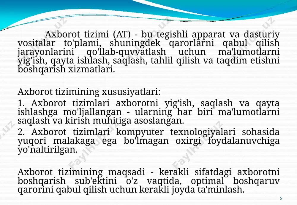 i. bu erda turli xil elementlardan tashkil topgan va turli maqsadlarni amalga oshirishga qaratilgan bir nechta tizim mavjud (jadvalga qarang) система элементы системы главная цель системы фирм люди, оборудование, материалы, здания и др. производство товаров компьютер электронные и электромеханические элементы, линии связи и др. обработка данных телекоммуникационная система компьютеры, модемы, кабели, сетевое программное обеспечение и др. передача информации информационная система компьютерные сети, люди, информационное и программное обеспечение производство профессиональной информации 25 программное обеспечение аппаратные средства (hardware) программное обеспечение (software) взаимодействие человека с компьютером 27 программное обеспечение аппаратные средства (hardware) системное по прикладное по системы программирования пользователи программисты 28 браузеры – для просмотра web-страниц на экране internet explorer – бесплатно mozilla firefox – бесплатно www.mozilla.org opera – бесплатно safari – бесплатно www.opera.com www.apple.com chrome – бесплатно http://www.google.com/chrome/ почтовые программы – прием и отправка e-mail microsoft outlook express (в составе windows) microsoft outlook thebat www.ritlabs.com mozilla thunderbird – бесплатно www.mozilla-russia.org какие бывают …