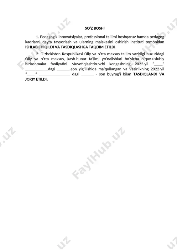 irishga qo‘yilgan talablar va bitiruvchilarni baholash............ 22 1. qo‘llanilish sohasi mazkur malaka talabi o‘zbekiston respublikasida agrokimyo va tuproqshunoslik mutaxassisligi bo‘yicha kadrlar tayyorlashning zaruriy bilimlar mazmuni va kasbiy kompetensiyasiga qo‘yiladigan talablarni va pirovard maqsadlarini, shuningdek ta’lim oluvchilarning o‘quv yuklamalari hajmi va standart talablarini bajarilishi nazoratini belgilaydi. malaka talabi ta’lim oluvchilarning kasbiy tayyorgarligi sifati va kasbiy kompetensiyasini baholashda hamda ta’lim muassasalarini attestatsiyadan o‘tkazishda asosiy mezon hisoblanadi. mazkur talablarning bajarilishi professional ta’lim muassasalarining bitiruvchilariga professional ta’limning tegishli darajasini olganligi to‘g‘risida davlat namunasidagi hujjat berilishi uchun asos hisoblanadi. malaka talabi ta’limni boshqarish davlat organlari va ta’lim faoliyati sub’ektlari tomonidan, idoraviy bo‘ysunuvi va mulkchilik shakllaridan qat’iy nazar, tadbiq etilishi majburiydir. ushbu malaka talabi bandlik va mehnat munosabatlari vazirining 2020-yil 18-maydagi №89-ich buyrug‘i bilan tasdiqlangan agrokimyo va tuproqshunoslik agronomi professional standarti talablari asosida ishlab chiqildi. 2. kasbiy ta’lim xususiyati 2.1. 50810301-agrokimyo va tuproqshunoslik mutaxassisligi doirasida beriladigan kvalifikatsiya: 1. agrokimyo va tuproqshunoslik agronomi kamida umumiy o‘rta ma’lumotga …