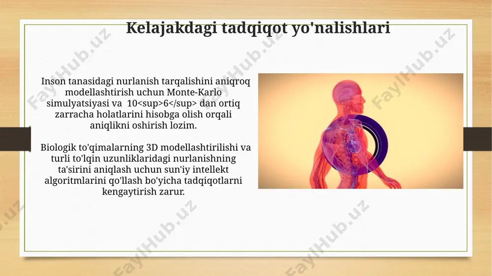 enografiya va kompyuter tomografiyasi (kt) kabi usullar 100 kvt dan yuqori energiyali rentgen nurlanishidan foydalanib, suyaklar va yumshoq to'qimalarning yuqori aniqlikdagi tasvirlarini olish imkonini beradi, bu esa diagnostika aniqligini oshiradi. inson tanasida nurlanish taqsimoti inson tanasidagi nurlanish taqsimoti to'qimalarning zichligiga va tarkibiga bog'liq bo'lib, suyak to'qimasida yuqori energiyali nurlanishning so'rilish darajasi yumshoq to'qimalarga nisbatan 5-10 baravar yuqori. gamma-nurlanishning inson tanasidagi taqsimoti energiyasi va to'qimalarning so'rish koeffitsiyentlariga bog'liq bo'lib, 1 mev energiyali gamma-nurlanishning yarim qalinligi taxminan 10 sm ni tashkil qiladi. korpuskulyar nurlanishning o'tishi yuqori energiyali korpuskulyar nurlanishning tarqalishi bragg cho'qqisi deb ataluvchi hodisani hosil qiladi, bu erda energiyaning katta qismi ma'lum bir chuqurlikda to'planadi, bu esa radioterapiyada muhim ahamiyatga ega. korpuskulyar nurlanishning yuqori energiyali zarralari, masalan, alfa zarralari (4he2+), to'qimalarda qisqa masofani bosib o'tadi, ularning o'rtacha yugurish yo'li bir necha mikrometrni tashkil etadi. biologik ta'sir mexanizmlari nurlanishning biologik ta'siri dozasiga va nurlanish turini hisobga olgan holda, 5-10 gy dozada o'tkir …