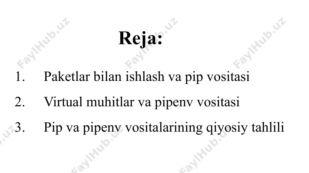 loyihasi uchun alohida izolyatsiyalangan muhit yaratish vositasi. har bir virtual muhitda sizning loyiha uchun kerak bo‘lgan maxsus python versiyasi va paketlar saqlanadi, bu boshqa loyihalar bilan bog‘liq bo‘lgan muammolarni hal qilishga yordam beradi. foydalanishning afzalliklari: loyihalarni izolyatsiyalash: har bir loyiha uchun alohida kutubxonalar va bog‘liqliklarni boshqarish. muayyan python va kutubxona versiyalarini qamrab olish. loyihani boshqa kompyuterlarga ko‘chirganda bog‘liqliklarni osongina o‘rnatish. pipenv - bu virtual muhitlarni boshqarish va paketlarni boshqarish uchun ishlab chiqilgan vosita. u pip va virtualenv imkoniyatlarini birlashtiradi va loyihalarni izolyatsiya qilishni osonlashtiradi. pip install pipenv pipenv asosiy funksiyalari: virtual muhit yaratish va paketlarni boshqarish. pipfile va pipfile.lock yordamida bog‘liqliklarni saqlash. pipenv virtual muhitni avtomatik tarzda yaratadi. yangi loyiha katalogida ishlashni boshlash uchun: pipenv install muayyan paketni o‘rnatish uchun pipenv install package_name pipfile - loyihadagi barcha bog‘liqliklarni saqlovchi fayl bo‘lib, unda o‘rnatilgan paketlar va ularning versiyalari keltirilgan. pipfile.lock – bog‘liqliklarning aniq versiyalarini va ularning cheklovlarini qamrab olgan fayl. bu …