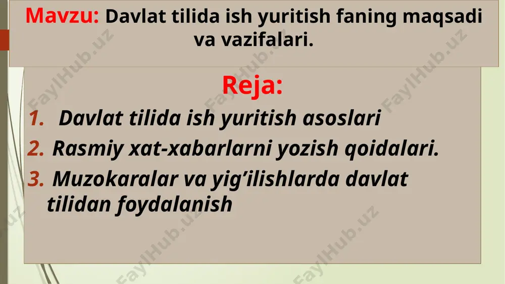 layev akobirning “davlat tilida ish yuritish” fanidan tayyorlagan taqdimoti mavzu: hujjatlarning paydo bo’lishi va tarixi. reja: hujjatlarning paydo bo‘lishi qog‘oz hujjatlarning kelib chaqishi elektron hujjatlarning kelib chiqishi hujjatlarning paydo bo'lishi va tarixi hujjatlar insoniyat tarixida muhim rol o'ynaydi. ular bilimlarni saqlash, yozuv tizimlarini rivojlantirish va jamiyatlarni boshqarishda muhim vosita bo'lib xizmat qiladi. hujjatlarning paydo bo'lishi dastlabki yozuvlar dastlabki yozuvlar tosh ustiga o'yilgan, loyga bosilgan yoki suyakka o'yilgan rasmlar shaklida bo'lgan. papirus va pergament qadimgi misrda papirus o'simligidan qilingan material va yunonistonda hayvon terisidan qilingan pergament yozuv uchun ishlatilgan. qog'ozning kashf etilishi xitoyda qog'ozning kashf etilishi yozuv materiallari uchun yangi davrni boshlab berdi. 2.qog'oz hujjatlarning kelib chiqishi qo'lyozma hujjatlar qog'oz hujjatlari dastlab qo'lyozma shaklida yaratilgan va ularning ishlab chiqarilishi ko'p vaqt talab qilgan. chop etish texnologiyalari gutterbergning bosmaxona texnologiyasini kashf etilishi hujjatlarni ishlab chiqarishni tezlashtirdi va ularga kengroq tarqalish imkonini berdi. hujjatlarning turlari qog'oz hujjatlarning turli turlari, masalan, shartnomalar, maktublar, xatlar, …
