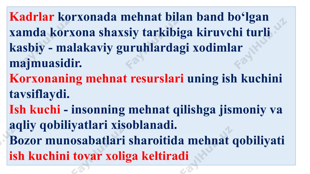 arni ham bilish zarurdir. ishlab chiqarish samaradorligini oshirishga bir qancha omillar ta’sir qiladi: 1. ilmiy-texnik taraqqiyotni tezlashtirish va uning natijalarini tezlik bilan ishlab chiqarishda qo‘llash. 2. ishlab chiqarishni ratsional joylashtirish, ixtisoslashtirish va kooperatsiyalash. 3. iqtisodiyotning tarkibiy qismlarini va uning tashkiliy bo‘g‘inlarini o‘zgartirish. 4. ishlab chiqaruvchilarni rag‘batlantirish va ularning faolligini oshirish. 5. mavjud tabiiy, moddiy va mehnat resurslaridan oqilona, tejab-tergab foydalanish, yangi, arzon, sifatli xomashyo va energiya turlarini, ekinlarning yangi hosildor navlarini, chorva mollarining mahsuldor zotlarini topib ishlab chiqarishga joriy qilish. 6. kishilarning bilim saviyasini, malakasini oshirish, yetuk ishchi va mutaxassislar tayyorlash. mehnat unumdorligi ma’lum ish vaqti birligi mobaynida ishlab chiqarilgan mahsulotning miqdori yoki mahsulot birligini ishlab chiqarish uchun sarflangan ish vaqti bilan o‘lchanadi. mehnat unumdorligining o‘zgarishi tovar birligi qiymatining o‘zgarishiga sabab bo‘ladi. mehnat unumdorligi o‘ssa, tovar birligining qiymati kamayadi yoki aksincha, mehnat unumdorligi pasaysa, tovar birligining qiymati oshadi. 4. sanoat korxonalarida ish haqini tashkil qilish korxonalarda mexnatga xaq to‘lashni oqilona …