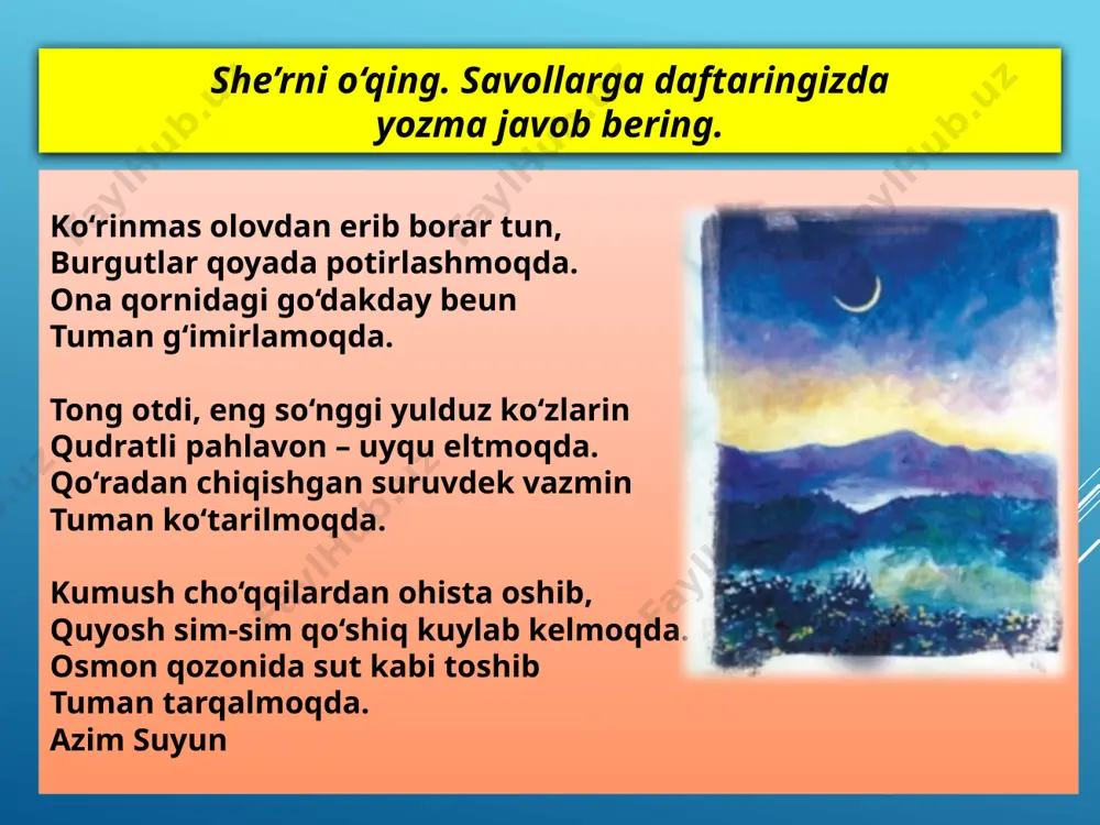 ol toping. bu sifatlash- larning nima maqsadda qo‘llanganini izohlang. 13. berilgan she’r va nasriy parchaning ikkita farqini ko‘rsating. lug‘at detektiv asar (inglizcha “izquvar” so‘zidan) – sirli jinoyatning turli xil usullar bilan ochilishi haqida hikoya qiluvchi asar.jahon adabiyotida edgar po, artur konan doyl, agata kristi,jorj simenon singari adiblar yaratgan detektiv asarlar mashhur. o‘zbek adiblaridan o‘lmas umarbekov, omon muxtor,tohir malik singari mualliﬂar detektiv asarlar yozgan. lug‘at fantastika (yunoncha “tasavvur qilish san’ati” so‘zidan) –haqiqatda mavjud bo‘lmagan, muallif tasavvuri mahsuli bo‘lgan narsalar, voqea-hodisalar tasviri. misol uchun, ingliz yozuvchisi jonatan sviftning “gulliverning sayohatlari” asarida bosh qahramon kema halokatidan keyin mitti odamchalar –liliputlar yashaydigan mamlakatga tushib qoladi va ular tomonidan asir olinadi. lug‘at folklor (inglizcha “xalq donoligi” so‘zidan) – xalq og‘zaki ijodi, mualliﬁ noma’lum bo‘lgan, avloddan avlodga og‘zaki yo‘l bilan o‘tib kelgan asarlar(maqollar, topishmoqlar, qo‘shiqlar, ertaklar, dostonlar va hokazo). lug‘at ilmiy-fantastik asar – ilm-fan va texnikaning qanday taraqqiy etishiga oid tasavvurlar asosida yaratilgan asar. bunday asarlarda …