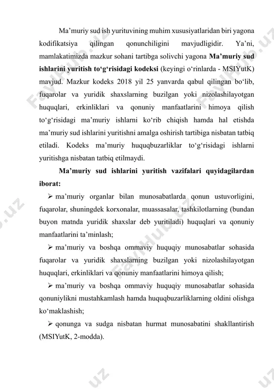 yuritishni amalga oshirish tartibiga nisbatan tatbiq etiladi. kodeks ma’muriy huquqbuzarliklar to‘g‘risidagi ishlarni yuritishga nisbatan tatbiq etilmaydi. ma’muriy sud ishlarini yuritish vazifalari quyidagilardan iborat: · ma’muriy organlar bilan munosabatlarda qonun ustuvorligini, fuqarolar, shuningdek korxonalar, muassasalar, tashkilotlarning (bundan buyon matnda yuridik shaxslar deb yuritiladi) huquqlari va qonuniy manfaatlarini ta’minlash; · ma’muriy va boshqa ommaviy huquqiy munosabatlar sohasida fuqarolar va yuridik shaxslarning buzilgan yoki nizolashilayotgan huquqlari, erkinliklari va qonuniy manfaatlarini himoya qilish; · ma’muriy va boshqa ommaviy huquqiy munosabatlar sohasida qonuniylikni mustahkamlash hamda huquqbuzarliklarning oldini olishga ko‘maklashish; · qonunga va sudga nisbatan hurmat munosabatini shakllantirish (msiyutk, 2-modda). har qanday huquqiy munosabatda bo‘lgani singari ma’muriy-huquqiy munosabatda ham nizolarni yuzaga kelishi tabiiy hol. mazkur nizolar ko‘pincha ma’muriy organlar tomonidan qonunchilik hujjatlarini noto‘g‘ri qo‘llash va sharhlash natijasida yuzaga keladi. ma’muriy nizo ma’muriy huquq normalarini buzish, qo‘llash yoki uning sub’ektlari tomonidan turli xil tushunish va talqin qilish bilan bog‘liq kelishmovchiliklar ko‘rinishidagi turli xil huquqiy nizolarni ifodalaydi. mazkur …