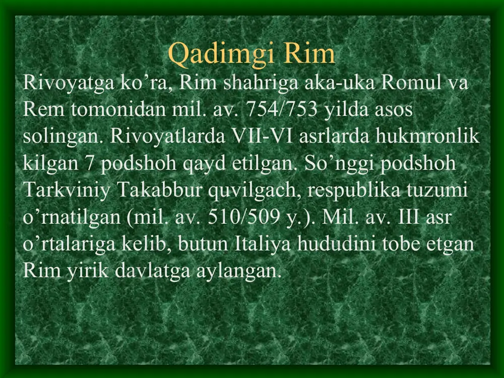 liy davrida (ii a.) afinada oliy maktablar tashkil etildi o’qituvchilar davlat xizmatchilari bo’lib, maosh oladigan bo’ldilar. 362-yildan boshlab o’qituvchilarni imperator tasdikladi. tarbiya va maorif qo’lyozma bilan shug’ullanish din va mifologiya rimliklar juda ko’p xudolarga e’tiqod qilganlar, turli narsalarning , masalan buloq, o’rmon, daraxt, joylarning va ekinlarning ilohiy homiysi — ma’budasi mavjud deb ishonganlar. bu ma’buda va homiylar dastlab qiyofasiz, keyinchalik etrusk va yunon dinlari ta’sirida inson qiyofasida tasvir etilgan. ularga qurbonlik qilib turilgan (mas, hosilni oshirishni so’rab sigir qurbonlik qilingan). ibtidoiy dinlarga e’tiqod qilgan kishilar chakalakzor, tog’, maydonlarda ibodat qilganlar (shu yerlarda mehroblar ishlangan). ibodatxonalar qurish odati rimliklarga etrusklardan o’tgan do’zax sudi . ularda 43 ta xudo bo’lgan. mars (dastlab dala va hosil xudosi, keyinchalik — urush xudosi), diana (yunonlarda — artemida; ov ma’budasi), venera (bog, hosildorlik ma’budasi, keyinchalik afrodita — muhabbat va go’zallik ma’budasi) fortuna (kismet mabudasi), feroniya (yer ma’budasi) kabi xudo (ma’buda)larga umumitalyan xalqlarining xudolari deb karalgan. yunon …