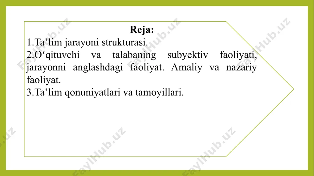 jamiyatning rivojlanish sur’ati va darajasi; jamiyatning talablari va imkoniyatlari; pedagogika fani va amaliyotining rivojlanganligi va imkoniyatlari bilan bog’liqlikda aniqlashtiriladi; ta’lim mazmunini belgilashda ta’limning ijtimoiy ehtiyojlari va maqsadlari; ijtimoiy va ilmiy-texnik taraqqiyot sur’ati; o'quvchilarning yoshi imkoniyatlari; ta’lim nazariyasi va amaliyotining rivojlanish darajasiga asoslaniladi; ta’limning sifati avvalgi bosqich mahsuldorligi va hozirgi bosqichda erishilgan natijalar; o‘rganilayotgan material xususiyati va hajmi; o'quvchilarga tashkiliy-pedagogik ta’sir ko'rsatish: o'quvchilarning bilim olishga qobiliyatlari va ta’lim vaqtiga bog’liq; ta’lim metodlari samaradorligi ta’lim maqsadiga; o'quvchilarning yoshi, ta’lim olish imkoniyatlariga; ta’lim muassasasining moddiy-texnik ta’minotiga bog’liq; ta’limni boshqarish samaradorligi ta’lim tizimida qayta aloqalarning intensivligi va korrektsiyaga, ta’sir ko'rsatishning asoslanganligiga bog’liq; ta’limda rag‘batlantirish samaradorligi ichki va tashqi stimullarning o'zaro uyg'unligiga bogiiq. ta’lim tamoyillari о‘qitish asosida yotadigan, ta’lim va uni tashkil etish jarayonini tashkil etish mazmuni, shakl, metod va vositalarini tanlanishini belgilaydigan boshlang‘ich asoslardir. ta’lim tamoyillarini shartli ravishda ikki guruhga ajratish mumkin: ta’limning mazmunga aloqador va tashkiliy-metodik tamoyillari. ta’lim tamoyillarini shartli ravishda ikki guruhga …