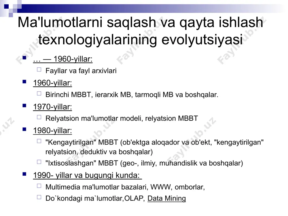 . tahlil uchun ma'lumotlarni shakllantirish va tayyorlash: "xom (tayyor bo`lmagan) " ma'lumotlarni qidirish (yoki tanlash), yig'ish (konsolidatsiya) quyi tizimini amalga oshirish mumkin ma'lumotlarni oldindan qayta ishlash (normallashtirish, diskretlashtirish, yetishmayotgan qiymatlarni qayta ishlash, artefaktni olib tashlash, mustahkamlikni tekshirish) o'lchamlarni qisqartirish, muhim xarakteristikalar tanlash, integral ko'rsatkichlar va invariantlarni hisoblash yechish kerak bo'lgan tahlil muammosining turini aniqlash: tasniflash, bashorat qilish, klasterlash, istisnolarni qidirish, assotsiativ tahlil va boshqalar. * 2- mit jarayonlari tahlil algoritmini tanlash (yoki ishlab chiqish): dastlabki ma'lumotlar turi bo'yicha aniqlik, o'lcham, talqin qilish, qurish tezligi va olingan modellarni qo'llash bo'yicha algoritmga qo'yiladigan cheklovlar va talablarni aniqlash. «data mining» jarayonlar: tanlangan turdagi va qurilish modellarining naqshlarini izlash uchun tanlangan tahlil algoritmini qo'llash modellarni tasdiqlash va tahlil natijalarini taqdim etish: vizualizatsiya, transformatsiya, ortiqcha narsalarni olib tashlash, aniqlikni baholash, modellarning ishonchliligi va boshqalar. o'rnatilgan modellarni qo'llash: descriptive data mining - tahlilchiga ma'lumot berish, "tavsiflovchi" modellar, asosiy maqsad - vizualizatsiya predictive data mining – qurilgan …