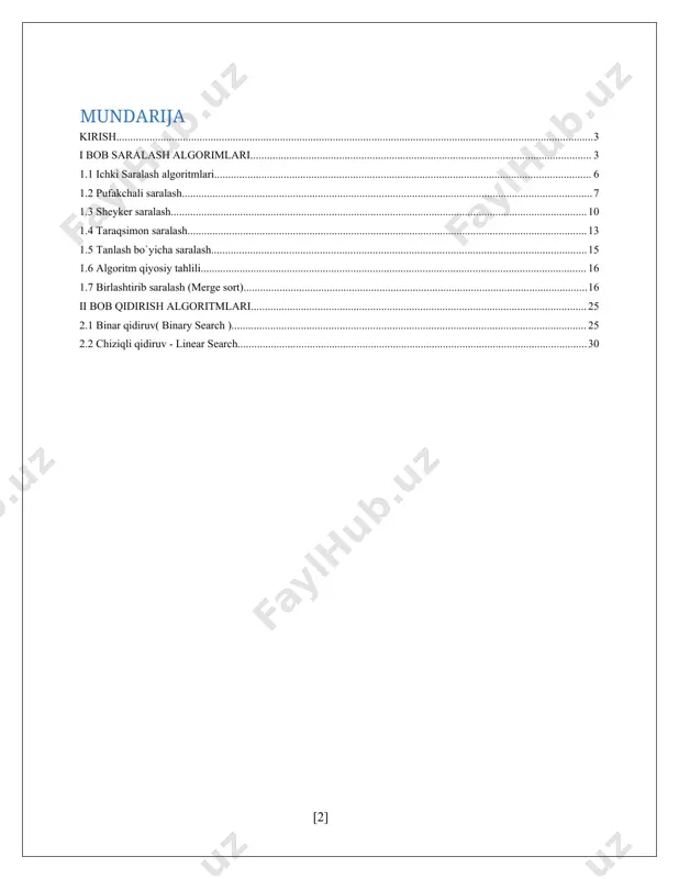 llariga quyidagilarni misol qilib olish mumkin: · 1) to‘g‘ridan-to‘g‘ri qo‘yish orqali saralash usuli; · 2) to‘g‘ridan-to‘g‘ri tanlash orqali saralash usuli; · 3) to‘g‘ridan-to‘g‘ri almashtirish orqali saralash usuli. · bu uchala saralash usullarining samaradorligi deyarli bir xil. · lug'atlarda "saralash" (sorting) so'zi "toifalarga ajratish, tartiblash, baholash" deb ta'riflanadi, ammo dasturchilar odatda bu so'zni tor ma'noda ishlatishadi, ularga ba'zi bir aniq tartibda elementlarni qayta joylashtirishga murojaat qilishadi. bu jarayonni, ehtimol, saralash deb emas, balki tartiblash (ordering) yoki ketma-ketlik (sequencing) deb atash kerak. biroq, saralash so'zi dasturlash jargonida allaqachon mustahkam o'rnashgan, shu sababli kelajakda "saralash" so'zini tor ma’noda "tartiblash" dan foydalanamiz. bu shuni anglatadiki, endi "saralash" ta'rifini shakllantirishimiz mumkin, bu kelgusida ishlatiladi. · tartiblash - bu berilgan obyektlar to'plamini muayyan tartibda qayta tartibga solish jarayoni. saralashning maqsadi elementlarni topishni osonlashtirishdir. · saralash algoritmi - bu ro'yxatdagi elementlarni saralash algoritmi. agar ro'yxat elementida bir nechta maydon bo'lsa, saralash amalga oshiriladigan maydon saralash kaliti deb …