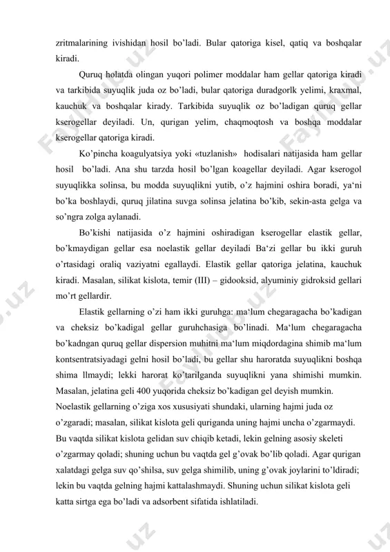 n gel deyish mumkin. noelastik gellarning o’ziga xos xususiyati shundaki, ularning hajmi juda oz o’zgaradi; masalan, silikat kislota geli quriganda uning hajmi uncha o’zgarmaydi. bu vaqtda silikat kislota gelidan suv chiqib ketadi, lekin gelning asosiy skeleti o’zgarmay qoladi; shuning uchun bu vaqtda gel g’ovak bo’lib qoladi. agar qurigan xalatdagi gelga suv qo’shilsa, suv gelga shimilib, uning g’ovak joylarini to’ldiradi; lekin bu vaqtda gelning hajmi kattalashmaydi. shuning uchun silikat kislota geli katta sirtga ega bo’ladi va adsorbent sifatida ishlatiladi. foydalanilgan adabiyotlar. 1. с.е.воютский. «курс коллоидной химии». м. 1973. 2. x.r.raximov. «fizik va kolloid ximiya». toshkent. «o’qituvchi». 1978 y. 3. s.a.balezn. «fizik va kolloid kimyodan amaliy mashg’ulotlar». toshkent. «o’qituvchi». 1969 y. 4. n.q.muhammadiev, i.m.ergashev. «fizikaviy va kolloid kimyodan amaliy mashg’ulotlar». samarqand. 2000 y. 5. sh.n.nazarov. «fizik va kolloid ximiya». toshkent. «o’qituvchi». 1989 y. 6. к.и.евстратова, н.а.купина, е.е.малахова. «физическая и коллоидная химия». м.: «высщая школа». 1990. 7. в.и.захарченко. «сборник задач и упражнений по …