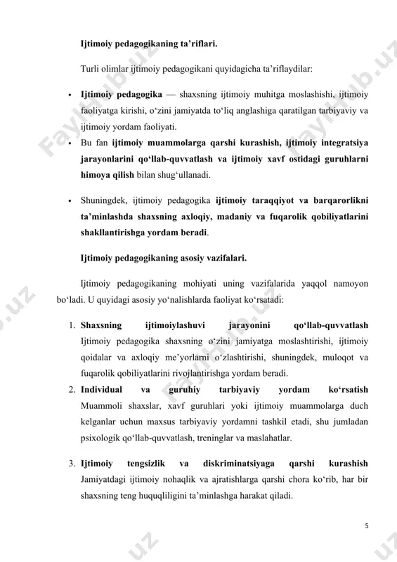 nlar, muhojirlar, jinoyatchilikka moyil yoshlar kabi guruhlarni ijtimoiy himoya va reabilitatsiya qilish. 5. jamiyat barqarorligini va ijtimoiy taraqqiyotini ta’minlash shaxslarni axloqiy va madaniy jihatdan to‘g‘ri yo‘naltirish orqali ijtimoiy barqarorlik va taraqqiyotga hissa qo‘shish. ijtimoiy pedagogikaning mohiyati va ahamiyati. ijtimoiy pedagogikaning mohiyati quyidagi asosiy jihatlardan iborat: · shaxs va jamiyat o‘rtasidagi muvozanatni ta’minlash. shaxs ijtimoiy muhitda o‘z o‘rnini topishi, moslashishi va faoliyat ko‘rsatishi muhim. ijtimoiy pedagogika ushbu muvozanatni yaratish, shaxsni jamiyatga integratsiyalash jarayonini tashkil etadi. · individual yondashuv. har bir shaxsning ijtimoiy, psixologik va tarbiyaviy ehtiyojlari farq qiladi. shu sababdan ijtimoiy pedagogika individual va moslashuvchan yondashuvni qo‘llaydi. · preventsiyaga urg‘u berish. ijtimoiy pedagogika faqat muammolar yuzaga kelgandan keyin emas, balki ularni oldini olishga katta ahamiyat beradi. bu ijtimoiy barqarorlik va sog‘lom jamiyatni yaratishda muhim omildir. · hamkorlik va integratsiya. ijtimoiy pedagoglar faoliyati oilalar, maktablar, sog‘liqni saqlash tizimi, huquqni muhofaza qilish organlari va psixologiya sohalari bilan yaqin hamkorlikda olib boriladi. bu shaxslarni …