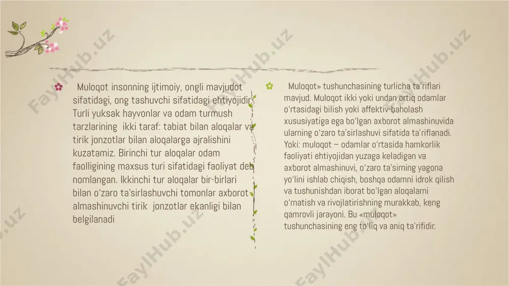 egishliligi qiziqtirayotgani ma’lum bo‘ladi. muloqotning turi va shakllari turlichadir. masalan, bu faoliyat bevosita «yuzma-yuz» bo’lishi yoki u yoki bu texnik vositalar (telefon, telegraf va shunga o’xshash) orqali amalga oshiriladigan; biror professional faoliyat jarayonidagi amaliy yoki do’stona bo’lishi; subyekt-subyekt tipli (diologik, sheriklik) yoki subyekt-obyektli (monologik) bo’lishi mumkin. ✿ verbal ta’sir - bu so’z va nutqimiz orqali ko’rsatadigan ta’sirimizdir. bundagi asosiy vositalar so’zlardir. ma’lumki, nutq - bu so’zlashuv, o’zaro muomala jarayoni bo’lib, uning vositasi - so’zlar hisoblanadi. monologik nutqda ham, dialogik nutqda ham odam o’zidagi barcha so’zlar zahirasidan foydalanib, eng ta’sirchan so’zlarni topib, sherigiga ta’sir ko’rsatishni xohlaydi. ✿ paralingvistik ta’sir - bu nutqning atrofidagi nutqni bezovchi, uni kuchaytiruvchi yoki susaytiruvchi omillar. bunga nutqning baland yoki past tovushda ifodalanayotganligi, artikulyasiya, tovushlar, to’xtashlar, duduqlanish, yo’tal, til bilan amalga oshiriladigan harakatlar, nidolar kiradi. shunga qarab, masalan, do’stimiz bizga biror narsani va’da berayotgan bo’lsa, biz uning qay darajada samimiyligini bilib olamiz. kuyib - pishib, ochiq yuz …