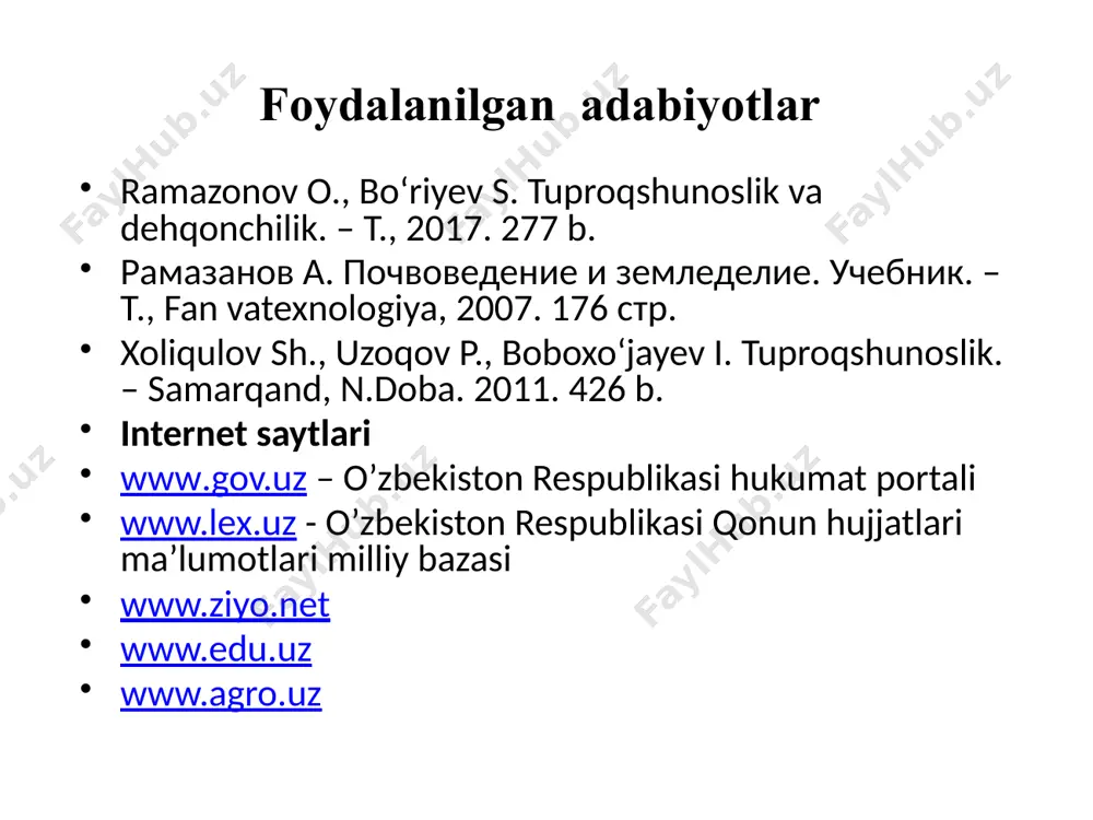 ойқа (0,01 мм дан майда) миқдори, % қум (0,01 мм дан йирик) миқдори, % сочилма қум 0—5 95—100 ёпишқоқ қум тупроқ 5—10 90—95 қумлоқ тупроқ 10—20 80—90 енгил қумоқтупроқ 20—30 70—80 ўрта қумоқ тупроқ 30—45 65—70 оғир қумоқ тупроқ 45—60 40—55 енгил соз тупроқ 60—70 30—40 ўрта соз тупроқ 70—80 20—30 оғир соз тупроқ 80 дан кўп 20 дан оз механик таркибига кўра чўл ва саҳро тупроқлари таснифи образец текста второй уровень третий уровень четвертый уровень пятый уровень тупроқ механик элементларининг таркибига кўра қуйидагиларга бўлинади: заррачалар номи тош йирик шағал майда шағал йирик қум ўрта қум майда қум чангсимон қум нозик қум ўрта чанг майда чанг лойқа заррачалар диаметри, мм 10 дан йирик 5—10 3—5 1—3 0,5—1 0,25—0,5 0,05—0,25 0,01—0,05 0,005—0,01 0,001—0,005 0,001 дан майда тупроқ механик элементларининг таркибига кўра қуйидагиларга бўлинади: образец текста второй уровень третий уровень четвертый уровень пятый уровень b/bx/bo jadvali- bilaman/ bilishni xoxlayman/bilib oldim mavzu, matn, …