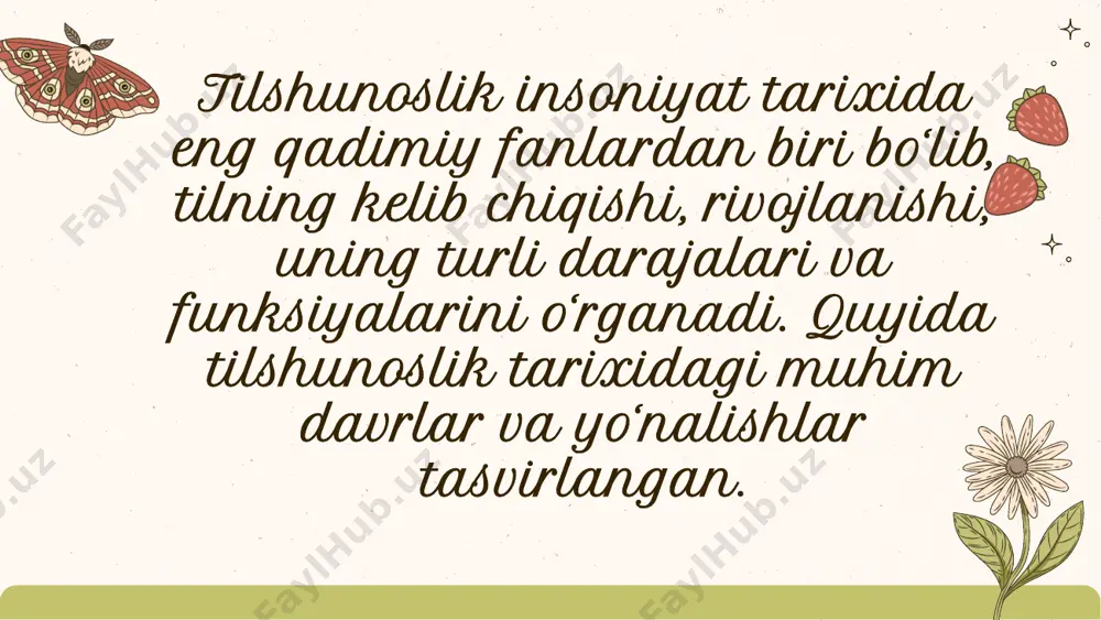 ergan. u turkiy tilning boy imkoniyatlarini amalda namoyon etgan. 3. yangi davr tilshunosligi: xix asr – tarixiy-qiyosiy usul: bu davr tilshunosligining asosiy yo‘nalishi tarixiy-qiyosiy usul bo‘ldi. tilshunoslar turli tillar o‘rtasidagi qarindoshlik aloqalarini aniqlashga e'tibor qaratishdi. frans bopp, yakob grimm va rasmus rask kabi olimlar qiyosiy tilshunoslikning asoschilaridir. ular tillarning bir-biriga bo‘lgan genetik aloqasini tadqiq qildilar. xix asr oxirida ferdinand de saussure tilshunoslikka yangi uslub – strukturaviy yondashuvni olib kirdi. uning asari "umumiy tilshunoslik kursi" tilshunoslikning nazariy asoslarini o‘zgartirdi. xx asr va hozirgi davr: xx asr tilshunosligi pragmatika, semantika, sotsiolingvistika, psixolingvistika kabi yangi yo‘nalishlar bilan boyidi. kompyuter texnologiyalarining rivojlanishi bilan kompyuter lingvistikasi va korpus lingvistikasi kabi sohalar shakllandi. bugungi kunda sun'iy intellekt va til o‘rganish tizimlarida tilshunoslikning o‘rni katta ahamiyat kasb etmoqda. tilshunoslikka qo‘shilgan hissalar: grammatik asoslar: panini va aristotelning qoidalari. tarixiy-qiyosiy usul: tillarning genetik aloqalarini tadqiq qilish. nazariy yondashuv: ferdinand de saussure va strukturaviy tilshunoslik. amaliy yo‘nalishlar: kompyuter va korpus …