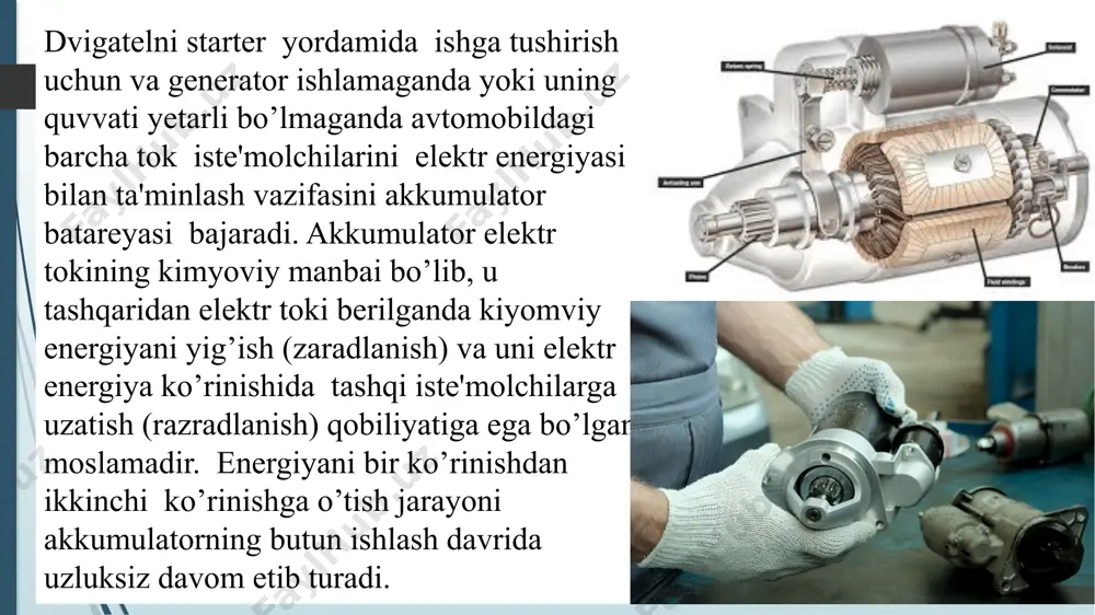 keladi. qo’rg’oshin-kislotali akkumulator batareyasining tuzilishi. akkumulator bata-reyasi yaxlitqobiq 12 da joylashtirilgan uch yoki olti ketma-ket ulangan akkumulatorlardan tashkil topgan. har bir akkumulator bir-biridan to’siqlar bilan ajratilgan. akkumulator batareyalarining qobig’i ebonit, termoplast, polipropilen va polistirol kabi kislotaga chidamli, mexaniq mustahkamligi yetarli darajada yuqori bo’lgan materiallardan tayyorlanadi. qobiqning har bo’limining pastki qismida musbat va manfiy plastinalar tayanadigan qovurg’alar 13 bo’lib, ular akkumulator tubiga cho’kmalar yig’ilganda (aktiv massa to`qilganda) plastinalarni qisqa tutashuvdan saqlaydi. 1-separator, 2-musbat plastinalar,3-man-fiy plastinalar, 4-baretka, 5-saqlovchi to’siq, 6-ko’prikcha, 7-qopqoq, 8-elektrolit va distillangan suv quyish tuynugi, 9 - elementlararo ulagich, 10-tiqin, 11 - qutb qulog’i,12-yaxlitqobiq, 13-tayanch qovurg’asi. image1.jpg image2.jpg image3.jpg image4.jpg image5.jpg image6.jpg image7.jpg image8.png /docprops/thumbnail.jpeg