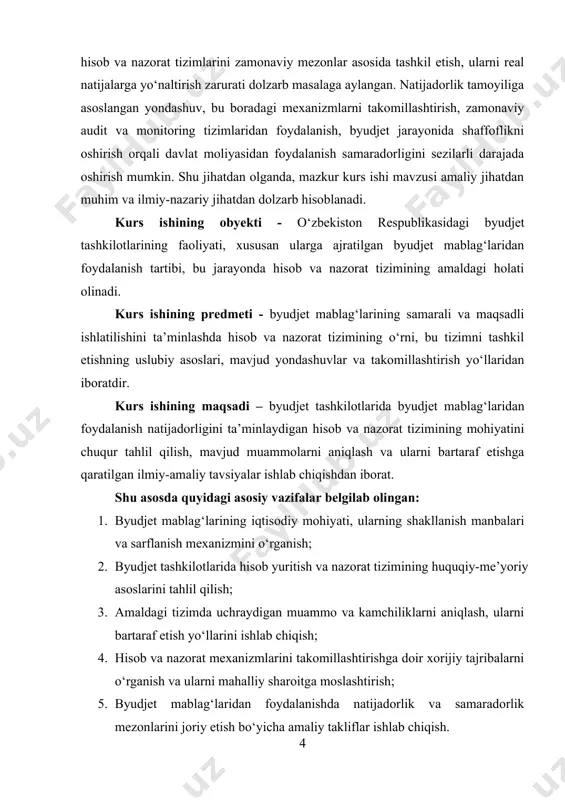 et mablag‘laridan foydalanish va uning hisobi 1.1. byudjet mablag‘lari tushunchasi, ularning shakllanish manbalari va iqtisodiy mohiyati byudjet mablag‘lari tushunchasi va ularning iqtisodiy mohiyati davlat moliyaviy tizimining asosiy tarkibiy qismlaridan biri hisoblanadi. ular davlat byudjeti orqali shakllanadi va davlatning ijtimoiy, iqtisodiy, siyosiy funksiyalarini amalga oshirishda markaziy rol o‘ynaydi. byudjet mablag‘lari – bu davlat va mahalliy byudjetlarga soliq, boj, yig‘im, davlat mulkidan tushgan daromadlar va boshqa qonunchilikda belgilangan manbalar hisobidan tushgan va ma'lum maqsadlarga yo‘naltiriladigan moliyaviy resurslardir. bu mablag‘lar yordamida davlatning barcha darajadagi hokimiyat organlari o‘z faoliyatini moliyalashtiradi, aholi farovonligi va iqtisodiy barqarorlikni ta'minlashga xizmat qiladi. byudjet mablag‘larining iqtisodiy mohiyatini anglash uchun ularning funksional jihatlariga e’tibor qaratish zarur. birinchidan, byudjet mablag‘lari qayta taqsimlovchi funksiyani bajaradi. ya'ni, iqtisodiyotning turli tarmoqlarida hosil bo‘lgan daromadlar davlat byudjeti orqali qayta taqsimlanadi va ijtimoiy sohalarni (ta'lim, sog‘liqni saqlash, ijtimoiy himoya) moliyalashtirishga yo‘naltiriladi. bu holatda, masalan, davlat soliq orqali yirik sanoat korxonasidan tushgan daromadni oladi va uni maktab, …