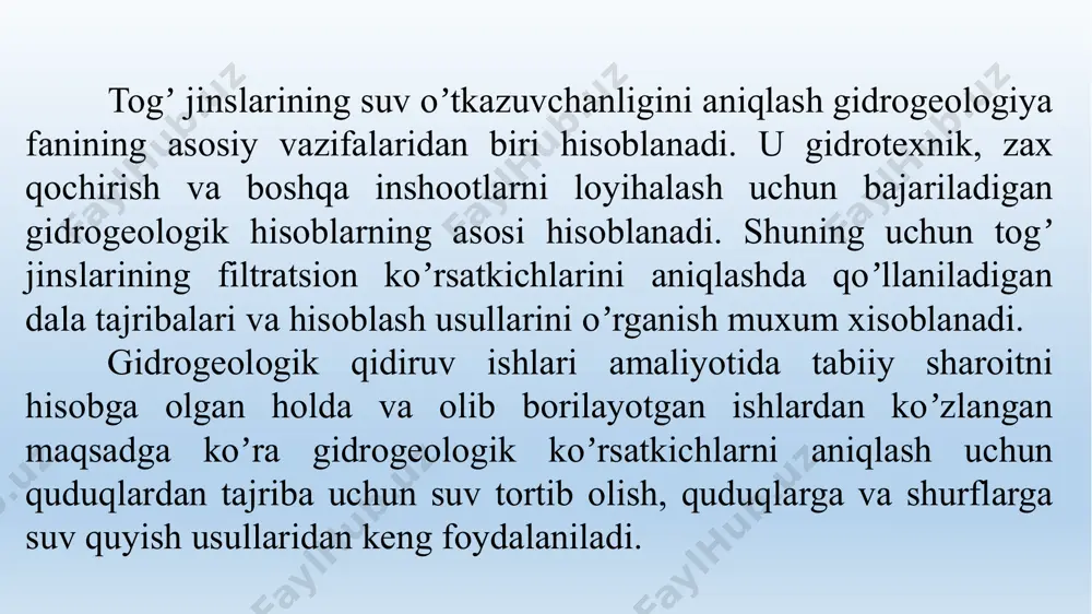 v quduqlarning tartib raqami 1 2 3 4 5 6 mayda zarrali qumlar 3-5 10-15 - 2-3 10-12 - o’rta, yirik va turli zarrali qumlar 5-8 20-25 - 3-5 12-15 - yirik va mayda shag’alli qumlar 8-10 15-20 30-40 4-6 10-15 20-30 oz yorilgan qoyali jinslar 6-8 15-20 30-40 5-7 10-15 20-30 kuchli yorilgan qoyali jinslar 15-20 40-50 80-100 10-15 20-30 40-60 markaziy quduqdan kuzatuv qudugʼigacha boʼlgan masofani aniqlash jadvali b) quduqni jihozlash. tajriba maydonida quduqlarni burgʼilash jarayonida togʼ jinslaridan namunalar olinib, ularning litologik tarkibi oʼrganib boriladi, suvli qatlam esa kuzatiladi. bu maʼlumotlar maxsus jurnalga yozib boriladi. burgʼilash tugagandan keyin soʼng hamma quduqlarga moʼljallangan chuqurliklarga suzgichlar tushiriladi. markaziy quduqqa esa nasos tushiriladi. аgar quduq suvli qatlamni toʼliq kesib oʼtsa va suv toʼsar qatlamga tiralsa, va suzgichning uzunligi suvli qatlamning qalinligiga teng boʼlsa, bunday quduq mukammal quduq deyiladi. suzgichning uzunligi suvli qatlam qalinligidan kichik boʼlsa va suvli qatlamning bir qismini ochsa …