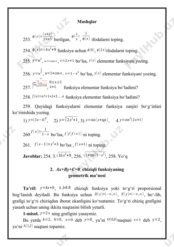 ri qanoatlantiradi. to‘g‘ri chiziqning burchak koeffitsiyentli tenglamasi deyi-ladi. to‘g‘ri chiziqning burchak koeffitsiyenti deyiladi: k>0 bo‘lsa, to‘g‘ri chiziq ox o‘qining musbat yo‘nalishi bilan o‘tkir burchak hosil qiladi, k 0 bo‘lganda a 0 bo‘lganda 8 tarmoqlari yuqoriga yo‘naltirilgan paraboladan iborat. 22-rasmda parabolaning grafigi tasvirlangan parabolaning grafigi -2 2 funksiyaning grafigini ox o‘qiga 0 x nisbatan akslantirishdan hosil bo‘ladi (22-rasm). 22- rasm. keltirilgan grafiklardan foydalanib, ning grafigini yasash mumkin bo‘ladi. buning uchun ning grafigini oy o‘qi yo‘nalishi-da c birlikka yuqoriga, agar c>0 bo‘lsa, va c birlikga pastga, agar c 0 k £ - = = 0 0 | | x x x x x y | | x y = ; 2 3 1 ) 3 ; 5 4 ) 2 ; 3 2 ) 1 - = - = + = x y x y x y ; 3 ) 6 ; 2 ) 5 ; 1 3 2 ) 4 x …