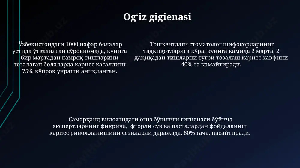 12 yoshgacha bo'lgan bolalarga ftor lakini qo'llash samarqand viloyatida kariesning oldini olishda 30% ga samaradorligini oshirdi. e'tiboringiz uchun rahmat @taqdimot_robot