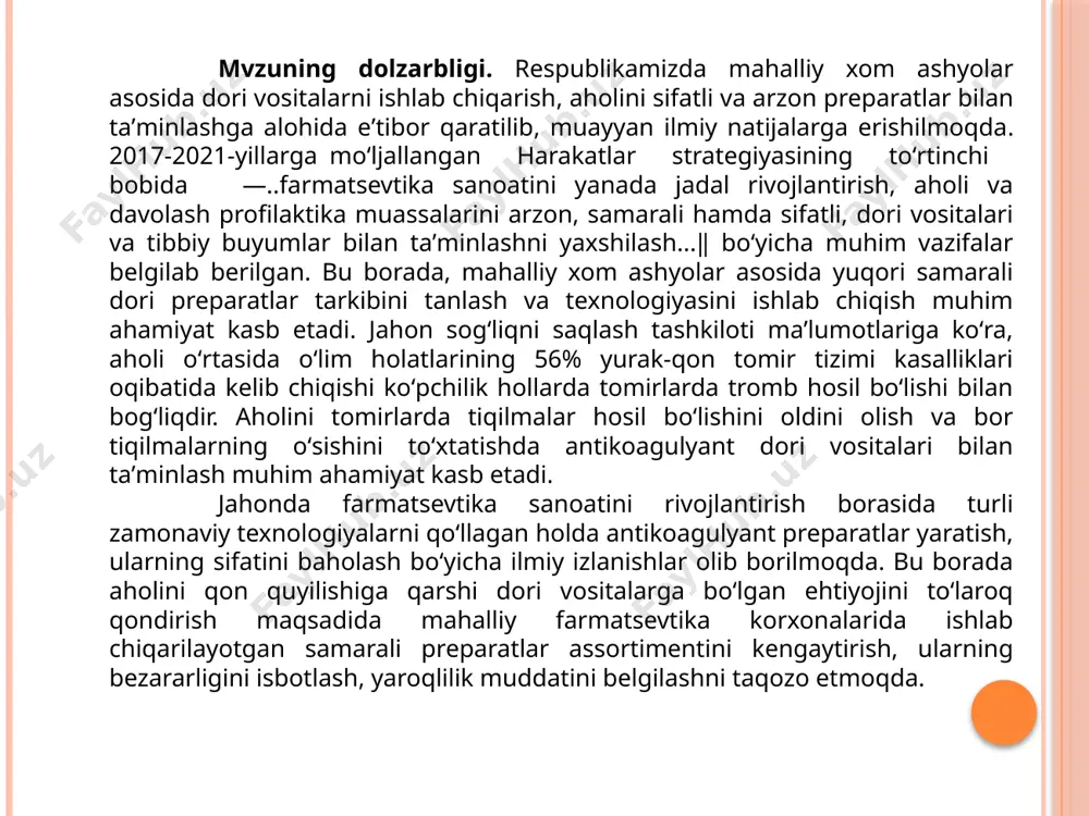 tadqiqotimizning asosiy maqsadi hisoblanadi. tadqiqotning vazifalari: seritsin oqsilining spektral va xromotografiya tahlillarini amalga oshirish; seritsin oqsilining elektroforez usulida o‘rganish; safinol substansiyasining texnologik xossalarini o‘rganish; safinol substansiyasining spektral va xromotografiya tahlillarini amalga; tadqiqotning obyekti atsetilsalitsil kislota xossalariga ega, lekin uning noxush xususiyatlaridan holi boʻlgan, shartli nomi safinol boʻlgan biofaol modda sintez qilingan boʻlib, u salitsil kislota, formalin va ε-minoenant kislota yoki seritsin (ipak oqsili) asosida olingan sopolimerdir. tadqiqotning predmeti. salitsil kislotasi, seritsin, formalin va ɛ- aminoenant kislotaga asoslangan yangi antikoagulyant safinol sopolimer substansiyasi. tadqiqotning usullari. tadqiqot ishini bajarishda zamonaviy texnologik, kimyoviy va fizik-kimyoviy tahlil usullaridan foydalanilgan. antikoagulyant dori vositalarining taʼsir mexanizmlari va ularning tahlili adabiyotlardan maʼlumki, prokoagulyantlar, antikoagulyantlar va ularning ingibitorlari, fibrinolitik va antifibrinolitik omillari plazmada, qonning shaklli elementlarida va qon - tomir devorlarida mavjud. ularning oʻzaro doimiy almashinuvi, dinamik muvozanatlari sababli gemokoagulyatsion gomeostaz saqlanib turadi. buning natijasida organizmda qon - tomirlarda qonning ivib qolishi kuzatilmaydi, shuningdek, tromboz va gemorragik jarayonlar …