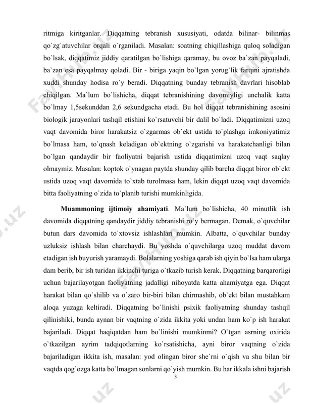 r. diqqatning ko`chirilishiga ba`zan ayni bir vaqtning o`zida idrok qilinadigan ikkita o`zaro farqlanadigan kuzatuvchini aks ettirishga murojaat qilishga to`g`ri keladi, bir - biridan farq qiluvchi ikkita qo`zg`atuvchining ta`sirini ayni bir vaqtning o`zida darhol bilib bo`lmaydi. kurs ishi maqsadi. parishonxotirlik diqqatning salbiy tomonini tashqil etadi. parishonxotirlik deganda ko`pincha ishga nihoyat darajada berilib ketish tushuniladi. syunday paytda odam atrofidagi narsalarni mutlaqo payqamay qo`yadi. bolalarda parishonxotirlik tez - tez uchrab turadi. bolalarning shaxsini uning irodaviy sifatlarini uzoq vaqt tarbiyalash yo`li bilan bunday parishonxotirlikka kurash olib borishi zarur. parishonxotirlikdan tashqari diqqatning boshqacha turidagi uo`zilishlari ham uchrab turadi. ongning kasallik tufayli torayishi, diqqatning ko`lamining cheklanishiga, diqqat doirasining torayishi kiradi. ayrim ruxiy kasallik holatlarida diqqatning inertligi (sustligi) yoki mutlaqo harakatsizligi, qandaydir biron ob`ekt ustida to`xtab qolishi holatlarini kuzatish mumkin. bola hayotining bir oylik davrlarida uning uchun faqat ixtiyorsiz diqqat xos bo`ladi. bu davrda bola dastavval tashqi qo`zg`atuvchilardan, ularning keskin o`zgartirishlaridan ta`sirlanadi. masalan: to`satdan paydo bo`ladigan qattiq …