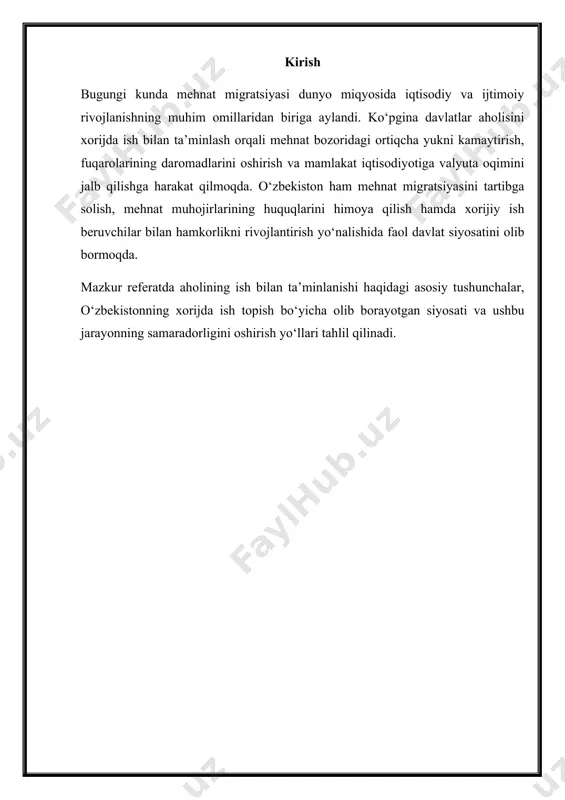 shchi kuchiga bo'lgan ehtiyojni qondirish va mehnatga layoqatli aholini ish joylari bilan ta'minlash. bu siyosat passiv va aktiv yo'nalishlarga bo'linadi. passiv siyosat ishsizlik nafaqasini tayinlash va ish izlovchilarni ro'yxatga olishni o'z ichiga oladi, aktiv siyosat esa yangi ish o'rinlari yaratishga qaratilgan. ijtimoiy himoya: aholini ish bilan ta'minlash jarayonida ijtimoiy himoya muhim ahamiyatga ega. bu ishsizlikdan himoya qilish va ijtimoiy kafolatlarni taqdim etishni o'z ichiga oladi. davlat ijtimoiy himoyaga muhtoj fuqarolar uchun maxsus tadbirlar o'tkazadi va ish beruvchilarni rag'batlantiradi. tadbirkorlik va o'zini ish bilan ta'minlash: aholining o'zini ish bilan ta'minlashi, ya'ni tadbirkorlik faoliyatini yuritishi, bandlikning muhim qismini tashkil etadi. bu jarayon davlat tomonidan qo'llab-quvvatlanadi va rag'batlantiriladi. aholini ish bilan ta'minlash sohasidagi davlat siyosati, shuningdek, iqtisodiyotda tarkibiy o'zgarishlarni rag'batlantirish va ishsizlarni tezda ishga jalb etishga qaratilgan chora-tadbirlarni o'z ichiga oladi 2. o‘zbekiston aholisini xorijda ish bilan ta’minlanishiga davlatni olib borayotgan siyosati. o'zbekiston aholisini xorijda ish bilan ta'minlashga qaratilgan davlat siyosati bir qator …
