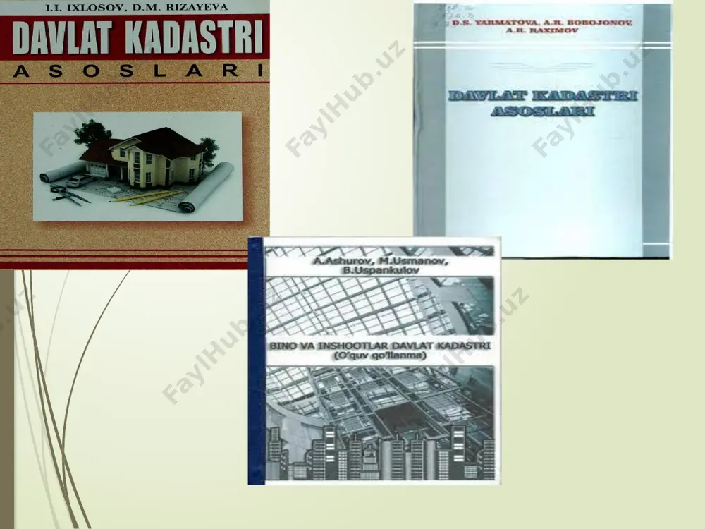 olish uchastkalariga bo‘lishni bildiradi. qoraqalpog‘iston respublikasiga, viloyatlarga, toshkent shahriga, tumanlar, shaharlar va boshqa aholi yashash punktlariga, shuningdek, hisobga olish uchastkalariga yagona tizim bo‘yicha kadastr kodi (raqami) beriladi. hамуна 1.ер участкасининг кадастр(код) рақами: масалан, фарғона вилоятининг бешариқ тумани бешариқ шаҳарчаси “ҳ. олимжон” номли маҳалла фуқаролар йиғинида жойлашган ер участкасининг кадастр рақамини белгилаш қуйидаги тартибда амалга оширилади 15:02: 01:06:04:0037 бу ерда: 15-минтақа, яъни фарғона вилоятининг кадастр (код) рақами; 02-маъмурий туман, яъни бешариқ туманининг кадастр (код) рақами; 01-кадастр зонаси, бешариқ шаҳарчасининг кадастр (код) рақами; 06-кадастр масиви, яъни “х.олимжон” номли м.ф.й. (код) рақами; 04-кадастр мавзеси, яъни квартали кадастр (код) рақами; 0037-ер участкаси кадастр (код) рақами. 2. ер участкасида жойлашган бино ва иншоотнинг кадастр (код) рақами: 15:02:01:06:04:0037:0009 бу ерда: 15: 02:01:06:04:0037-ер участкасининг кадастр (код) рақами 0009-ер участкасида жойлашган бино(иншоот)нинг кадастр (код) 3. ер участкасида жойлашган бино ва иншоот бир қисмининг кадастр (код) рақами 15:02:01:06:04:0037:0009:008 бу ерда: 15:02:01:06:04:0037:0009—бино ва иншоотнинг кадастр (код)рақами 008-асосий бино ва иншоот …