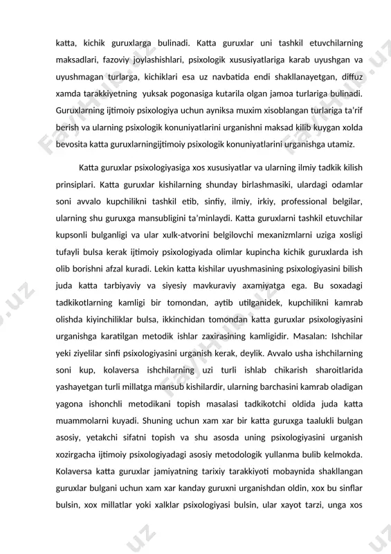 alukli bulgan asosiy, yetakchi sifatni topish va shu asosda uning psixologiyasini urganish xozirgacha ijtimoiy psixologiyadagi asosiy metodologik yullanma bulib kelmokda. kolaversa katta guruxlar jamiyatning tarixiy tarakkiyoti mobaynida shakllangan guruxlar bulgani uchun xam xar kanday guruxni urganishdan oldin, xox bu sinflar bulsin, xox millatlar yoki xalklar psixologiyasi bulsin, ular xayot tarzi, unga xos bulgan odatlar, u yoki bu guruxga taalukli bulgan kishilar amalga oshiriladigan mulokot tiplari, uzaro munosabatlarda ustun bulgan psixologik omillar, kizikishlar, kadriyatlar, extiyojlar va boshkalar nazarda tutiladi. ana shularning umumiyligi tufayli xar bir shaxsda, ya’ni u yoki bu katta guruxga mansub bulgan shaxsda tipik xislatlar shakllanadi. masalan: 90-yillar yeshlariga xos bulgan tipik sifatlar ana shu yoshlar urtasida keng tarkalgan urf-odatlar, moda, suzlashish xususiyatlari, kadriyatlar, kizikishlar va boshkalar tufayli shakllanadi. shuning uchun xam 20 yoshli kishining psixologiyasini tulik ravishda urganish uchun undagi bilish jarayenlarining uziga xosligi, shaxsi, xarakteri va boshka individual psixologik xususiyatlaridan tashkari yana unga uxshash yeshlarda ustun bulgan …