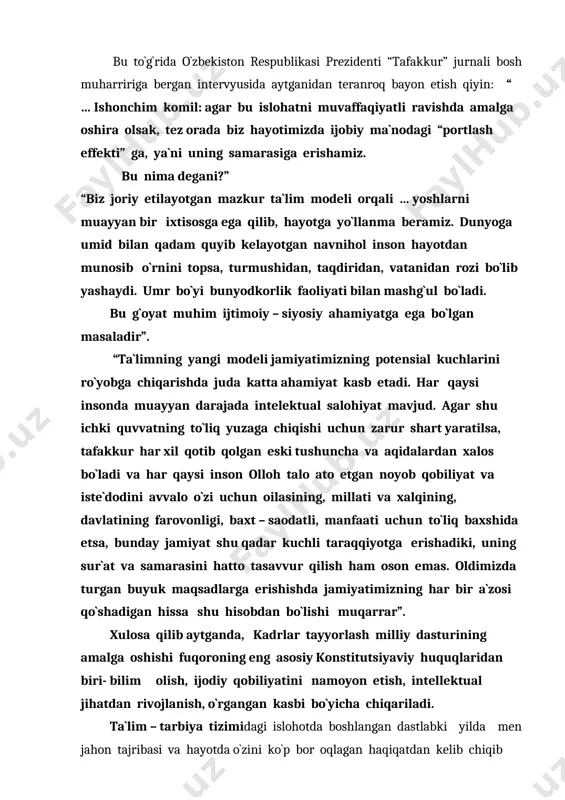 g potensial kuchlarini ro`yobga chiqarishda juda katta ahamiyat kasb etadi. har qaysi insonda muayyan darajada intelektual salohiyat mavjud. agar shu ichki quvvatning to`liq yuzaga chiqishi uchun zarur shart yaratilsa, tafakkur har xil qotib qolgan eski tushuncha va aqidalardan xalos bo`ladi va har qaysi inson olloh talo ato etgan noyob qobiliyat va iste`dodini avvalo o`zi uchun oilasining, millati va xalqining, davlatining farovonligi, baxt – saodatli, manfaati uchun to`liq baxshida etsa, bunday jamiyat shu qadar kuchli taraqqiyotga erishadiki, uning sur`at va samarasini hatto tasavvur qilish ham oson emas. oldimizda turgan buyuk maqsadlarga erishishda jamiyatimizning har bir a`zosi qo`shadigan hissa shu hisobdan bo`lishi muqarrar”. xulosa qilib aytganda, kadrlar tayyorlash milliy dasturining amalga oshishi fuqoroning eng asosiy konstitutsiyaviy huquqlaridan biri- bilim olish, ijodiy qobiliyatini namoyon etish, intellektual jihatdan rivojlanish, o`rgangan kasbi bo`yicha chiqariladi. ta`lim – tarbiya tizimidagi islohotda boshlangan dastlabki yilda men jahon tajribasi va hayotda o`zini ko`p bor oqlagan haqiqatdan kelib chiqib agar …