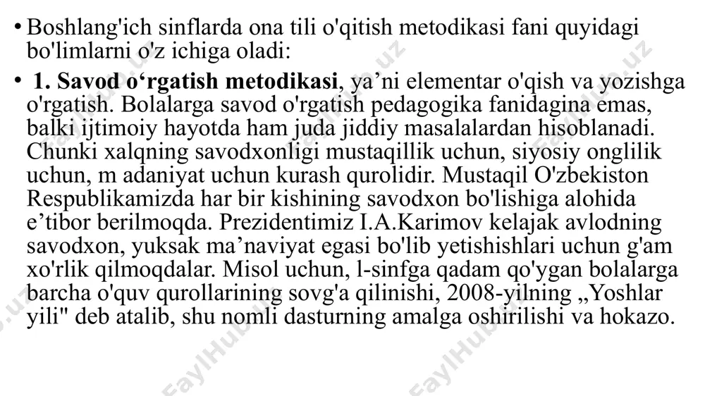 qotmaslikka o'rgatish juda muhimdir. bu vazifani savod o'rgatishning boshlang'ich bosqichida xatcho'p (o'qiyotgan betni belgilab qo'yish uchun kitob ichiga solib qo'yiladigan qog'oz yoki lentacha) va tayoqcha bajaradi. o'qilayotgan qatorni kuzatib borish ko'nikmasiga sinf o'quvchilaridan o'rtog'ining xatosini to'g'rilashni talab qilish yo'li bilan ham erishiladi. o'quvchilar bu talabni qiziqib bajaradilar, shu yo'l bilan ularning darsga, o‘qishga e’tibori jalb etiladi. demak, o'quvchilarni o'qishga o'rgatish, ularning o'qish sur’atini oshirish, ifodali va ongli o'qish elementlarini shakllantirish, tarbiyalash o'qish darslarining muhim vazifalari hisoblanadi. image1.png image2.png image3.png image4.png image5.png image6.png image7.png image8.png image9.png image10.png image11.png image12.png /docprops/thumbnail.jpeg