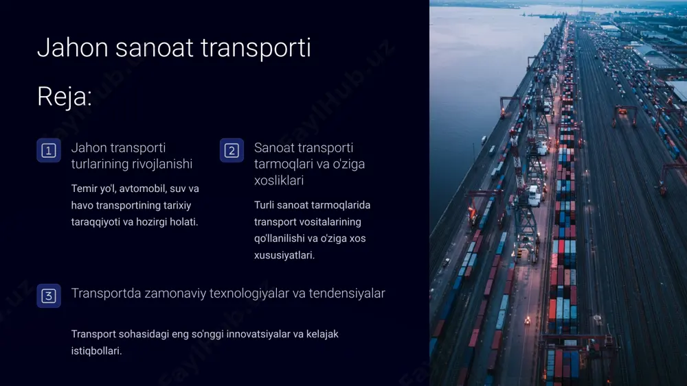 da yuk tashish imkoniyati tezlik va qulaylik qisqa va o'rta masofalarda "eshikdan eshikkacha" yuk yetkazish texnik xizmat tizimi rivojlangan servis va ta'minot infratuzilmasi 6 suv transporti va global savdo dengiz transporti jahon savdosining 80% dan ortiq qismi dengiz orqali amalga oshiriladi. port infratuzilmasi zamonaviy portlar sanoat markazlari va logistika xablariga aylandi. konteynerlashtirish yuk tashish samaradorligini oshiruvchi asosiy innovatsiya hisoblanadi. xalqaro savdo qit'alararo sanoat aloqalarini mustahkamlash uchun muhim vosita. 7 havo transporti va sanoat tezkor yetkazib berish qimmatbaho va tez buziluvchi yuklarni jadal yetkazish imkoniyati mavjud. ishlab chiqarish-ta'minot zanjirlarida muhim bo'g'in vazifasini bajaradi. aviatsiya rivojlanishi fuqaro aviatsiyasi global logistika tizimining muhim qismiga aylandi. maxsus yuk samolyotlari og'ir sanoat jihozlarini ham tashiy oladi. sanoatlashgan mintaqalar aloqasi olislik to'siqlarini bartaraf etadi. mintaqalar orasidagi hamkorlikni kuchaytiradi. yuqori qiymatli tovarlar savdosini tezlashtiradi. 8 quvur transporti va sanoat infratuzilmasi neft quvurlari neft mahsulotlarini uzoq masofalarga uzluksiz yetkazib beradi. gaz quvurlari tabiiy gazni sanoat korxonalari va aholiga …
