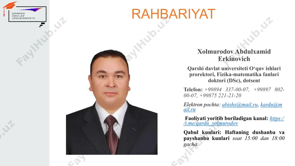 17-00gacha) markaz va bo’lim boshliqlari saidov baxtiyor jamolovich ta’lim sifatini nazorat qilish bo‘limi qabul kunlari: chorshanba (15-00dan 17-00gacha), juma(15-00 dan 17-00 gacha) telefon: +99875 221-21-19 , +99893-930-94-50 e-mail: baxtiyor_saidov65@mail.ru markaz va bo’lim boshliqlari gafiatulina guzal anvarovna devonxona bo‘limi boshlig‘i telefon: (8 375) 221-21-03 elektron manzil: qardu_guzal@edu.uz markaz va bo’lim boshliqlari azizova nasiba baxritdinovna xalqaro hamkorliklar bo‘limi boshlig‘i tel./faks: (8 375) 225-57-01 elektron manzili: azizovanasiba@mail.ru markaz va bo’lim boshliqlari yoziyeva umida lutfullayevna magistratura bo’limi dekani tel nomer: +99890-729-51-15 markaz va bo’lim boshliqlari ravshanov doston rustam o’g’li o’zbekiston yoshlar ittifoqi qarshi davlat univeristeti boshlang’ich tashkiloti yetakchisi telefon nomer: +998 99 575 37 28 faoliyati yoritib boriladigan kanal: https://t.me/qarshiduyoshlarittifoqi qabul kunlari: har kuni matbuot xizmati oybek yusupov qarshi davlat universiteti matbuot kotibi telefon nomeri: +998943330913 qabul kunlari: har kuni 09-00 dan 15:00 gacha universitet sayti: www.qarshidu.uz faoliyati yoritib boriladigan kanal: https://t.me/qarduuz matbuot xizmati shodmonov g‘iyosiddin nafasovich “qarshi universiteti” gazetasi muharriri telefon nomeri: +998 …