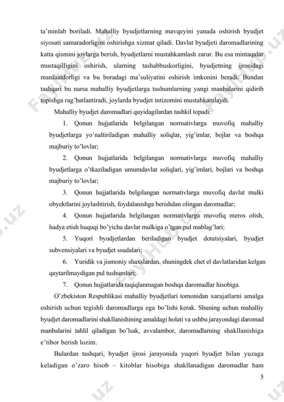 alga oshirish uchun tegishli daromadlarga ega bo’lishi kerak. shuning uchun mahalliy byudjet daromadlarini shakllanishining amaldagi holati va ushbu jarayondagi daromad manbalarini tahlil qiladigan bo’lsak, avvalambor, daromadlarning shakllanishiga e’tibor berish lozim. bulardan tashqari, byudjet ijrosi jarayonida yuqori byudjet bilan yuzaga keladigan o’zaro hisob – kitoblar hisobiga shakllanadigan daromadlar ham mahalliy byudjet daromadlari bo’lishi mumkin. shunga muvofiq mahalliy byudjetlar daromadlari o’z daromadlari (mahalliy soliqlar va yig’imlar) va yuqori byudjetdan ajratiladigan ajratmalar (umumdavlat soliqlaridan ajratmalar, dotatsiyalar, subvensiyalar, ssudalar) hisobidan shakllanadi. mahalliy byudjetlarning eng birinchi daromad manbai bo’lib mahalliy soliqlar va yig’imlar xizmat qiladi. bu daromad turlari qonunchilikka asosan mahalliy byudjetlarga biriktirilgan daromad manbai hisoblanadi. 2. mahalliy byudjetga toʻlanadigan soliqlar turlari. o‘zbekiston respublikasi hududida umumdavlat soliqlari va boshqa majburiy to‘lovlar hamda mahalliy soliqlar va boshqa majburiy to‘lovlar amal qiladi. umumdavlat soliqlari va boshqa majburiy to‘lovlar tarkibiga quyidagilar kiradi: 1) yuridik shaxslardan olinadigan foyda solig‘i; 2) jismoniy shaxslardan olinadigan daromad solig‘i; 3) qo‘shilgan qiymat solig‘i; …