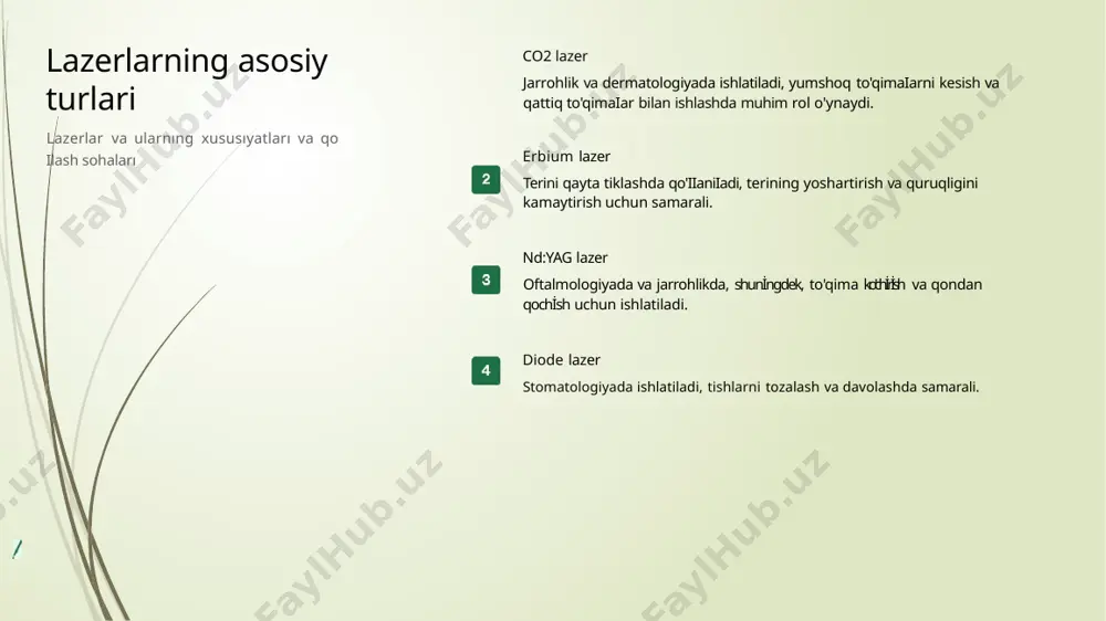 beradi, natijalar esa yanada ijobiy bo'iadi. kelajakda lazer texnologiyalarining tibbiyotda qo'llanilishi bemorlarning hayot sifatini yaxshilash yangi tadqiqotlar va rivojlanishlar tibbiyotda lazer texnologiyalarining yangi tadqiqotlari, samaradorlik va innovatsiyalarni oshiradi. tibbiyotda lazer texnologiyalarining integratsiyasi lazer texnologiyalarining tibbiyotga integratsiyasi bemorlarning hayot sifatini yaxshilaydi. lazerli muolajalar uchun yangi ko'rsatmaiar yangi ko'rsatmaiar lazerli muolajalarni yanada xavfsiz va samarali qilishga yordam beradi. lazerli muolajalar bo'yicha tadqiqotlar lazerli muolajalar bo'yicha asosiy tadqiqot sohalari lazerli muolajalar samaradorligini o'rganish lazerli muolajalar samaradorligini oshirish uchun tadqiqotlar olib borilmoqda. lazerlarning xavfsizligi va samaradorligi lazer texnologiyalarining xavfsizligini̇ va samaradorligi̇ni tekshirish muhimdir. yangi lazer texnologiyalarining klinik sinovlari yangi lazer texnologiyalarini klinik sinovlardan o'tkazish rivojlanishga turtki beradi. lazer texnologiyalarining rivojlanishi ushbu tadqiqotlar lazer texnologiyalarining rivojlani̇shiga turtki beradi. lazerning tibbiyotda qo'llanilishi innovatsion va zamonaviy usul innovatsion usul sifatida lazer lazerning tibbiyotda qo'iianiiishi innovatsion va zamonavi̇y usuldir. samarali natijalar lazer ko'piab sohalarda samarali natijalar berishi bilan tani̇lgan. afzalliklar va cheklovlar lazerning afzalliklari bilan birga, cheklovlari ham …