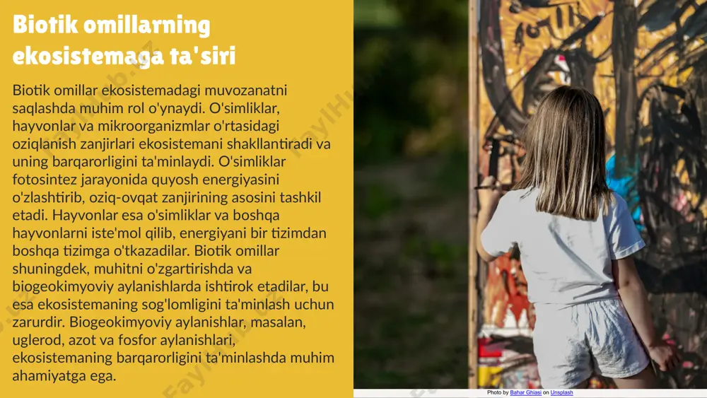 unsplash antagonistik munosabatlar, raqobat va predatorlik kabi ijtimoiy munosabatlarni o'z ichiga oladi. raqobat - bu ikki yoki undan ortiq organizmning bir xil resurslar uchun kurashishi, masalan, o'simliklar o'rtasida ko'proq quyosh nuri yoki suv olish uchun raqobat yuzaga kelishi mumkin. predatorlik esa bir organizmning (predator) boshqa bir organizmni (nishon) ovlashidir, masalan, qizil tulki sichqonlarni ovlaydi. raqobat va predatorlik o'rtasidagi farqlar: - raqobat: resurslar ustidan kurash, masalan, o'simliklar o'rtasidagi raqobat. - predatorlik: bir organizmning boshqa organizmni yo'q qilishi, masalan, qizil tulki va sichqonlar. har bir munosabat ekosistemada muhim rol o'ynaydi. raqobat turlar orasidagi xilma-xillikni saqlaydi, bu esa ekosistemani barqarorlashtiradi. predatorlik esa nishon populyatsiyalarini nazorat qiladi, bu orqali turlar balansini ta'minlaydi. antagonistik munosabatlar 1. muhitning biotik omillari: ekosistemalardagi organizmlar va o'zaro ta'siri. 2. ekosistemadagi muvozanat: o'simliklar va hayvonlar o'rtasidagi oziqlanish zanjirlari muvozanatni saqlaydi. 3. inson faoliyati ta'siri: inson faoliyati biotik omillarga ta'sir ko'rsatadi. 4. ekologik munosabatlar: ekologik munosabatlar hayotiy muhimlikka ega. 5. simbioz …