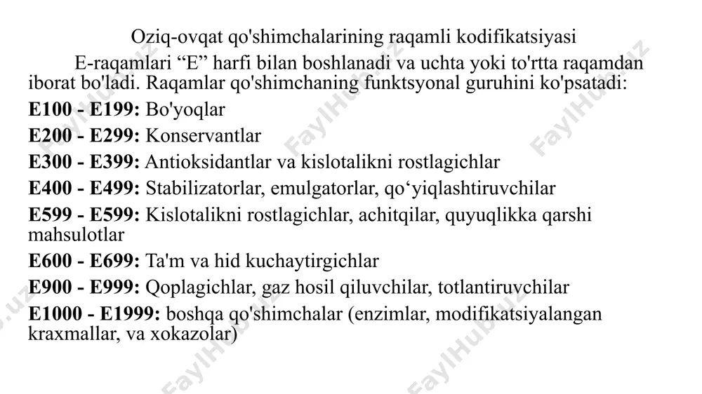 ti qo'shimcha oziq-ovqat bo‘lishi kerak. oziq-ovqat qo'shimchasining nomi yoki uning e-raqami ko'rsatilishi kerak (masalan, “natriy benzoat” yoki “e211”). qo'shimchaning funktsyonal kategoriyasi ko'rsatilishi kerak (masalan, “konservant: natriy benzoat” yoki “konservant: e211”). agar mahsulot tarkibidagi allergenlik xususiyatiga ega bo'lgan qo'shimcha bo'lsa, bu haqida mahsulotni tarkibi to‘g‘risida ma’lumot bo'lishi kerak (masalan, “tarkibida sulfitlar bor”). etiketka o'qilishi oson bo'lishi, aniq va tushunarli bo'lishi kerak. qarama-qarshi ma'lumotlarni o'z ichiga olgan etiketkalarga yo'l qo'yilmaydi. ush talablarga rioya qilish iste'molchilarning huquqlarini himoya qilish va oziq-ovqat mahsulotlari haqida zaxira qilish uchun yordam beradi. aholining ratsionida oziq-ovqat qo'shimchalaridan xavfsiz foydalanish umumiy ovqatlanishda oziq-ovqat qo'shimchalaridan xavfsiz foydalanish bir qator talablarga rioya qilishni talab qiladi: qo'shimchalardan foydalanish faqat texnologiya va oziq-ovqat mahsulotlarining iste'mol xususiyatlarini yaxshilash zarur bo'lgan hollarda, bunga boshqa yo'l bilan erishib bo'lmaganda qo‘llashga ruxsat etiladi. qo'shimchalar mahsulotlarga texnologik samaradorlikka erishish uchun zarur bo'lganda minimal miqdori kiritilishi kerak . aholining ratsionida oziq-ovqat qo'shimchalaridan xavfsiz foydalanish qo'shimchalardan foydalanish iste'molchini mahsulotning iste'mol …